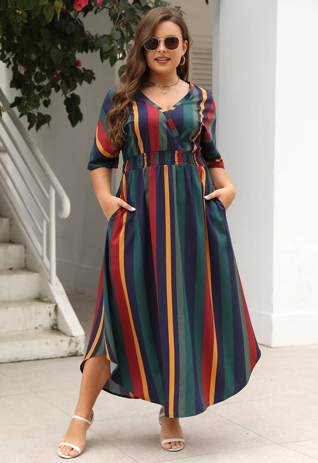 Womens Plus Size Boho Print Maxi Dress with Pocket