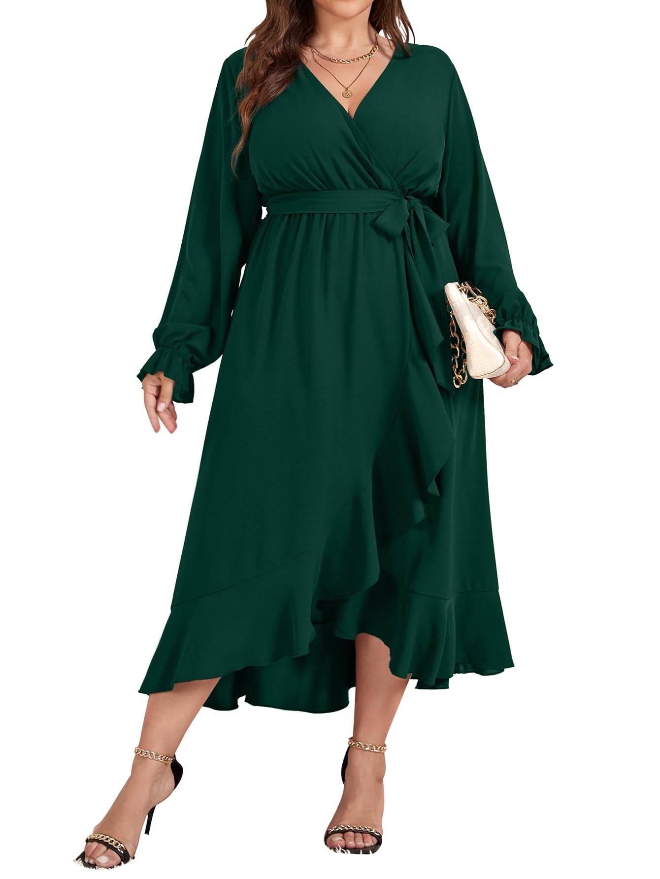 Women Plus Size Maxi Dress Wrap V Neck Dress