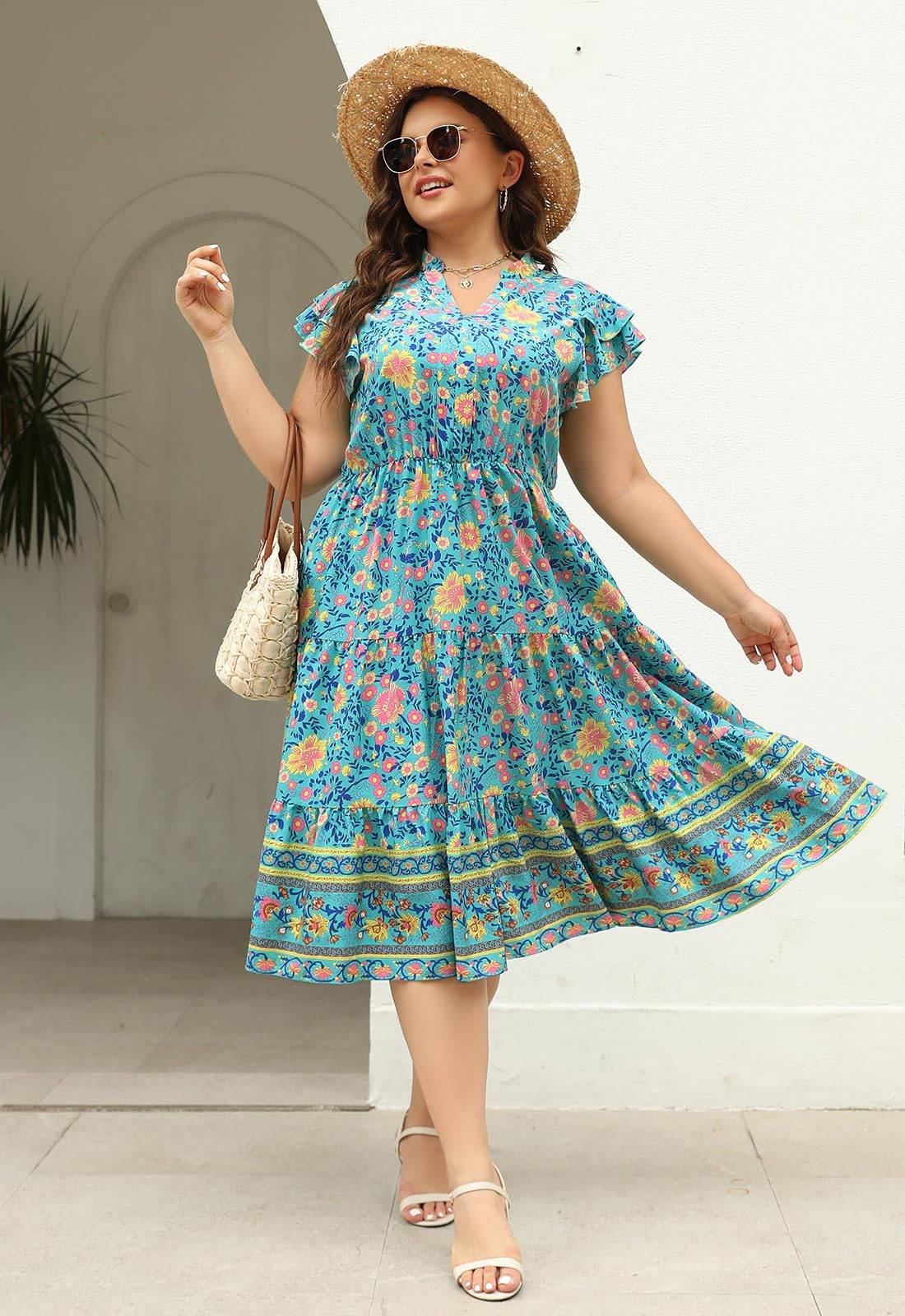 Plus Size Midi DressesWomen Boho Floral Dress