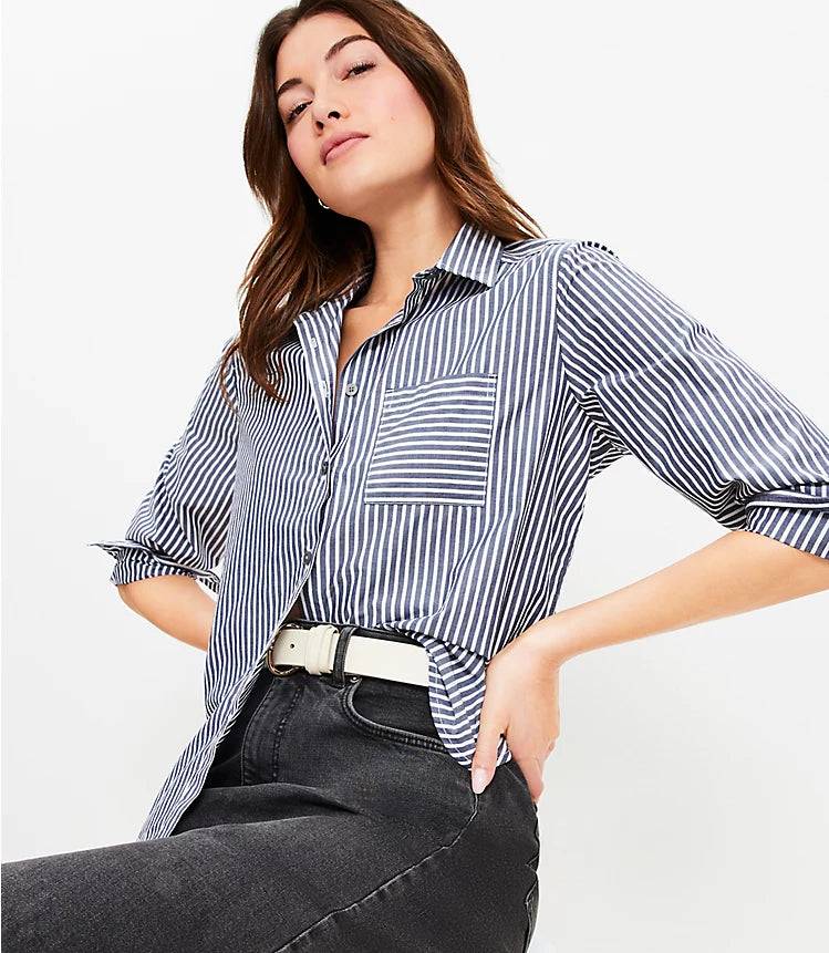 Striped Poplin Relaxed Pocket Shirt Blouse for Work Daily