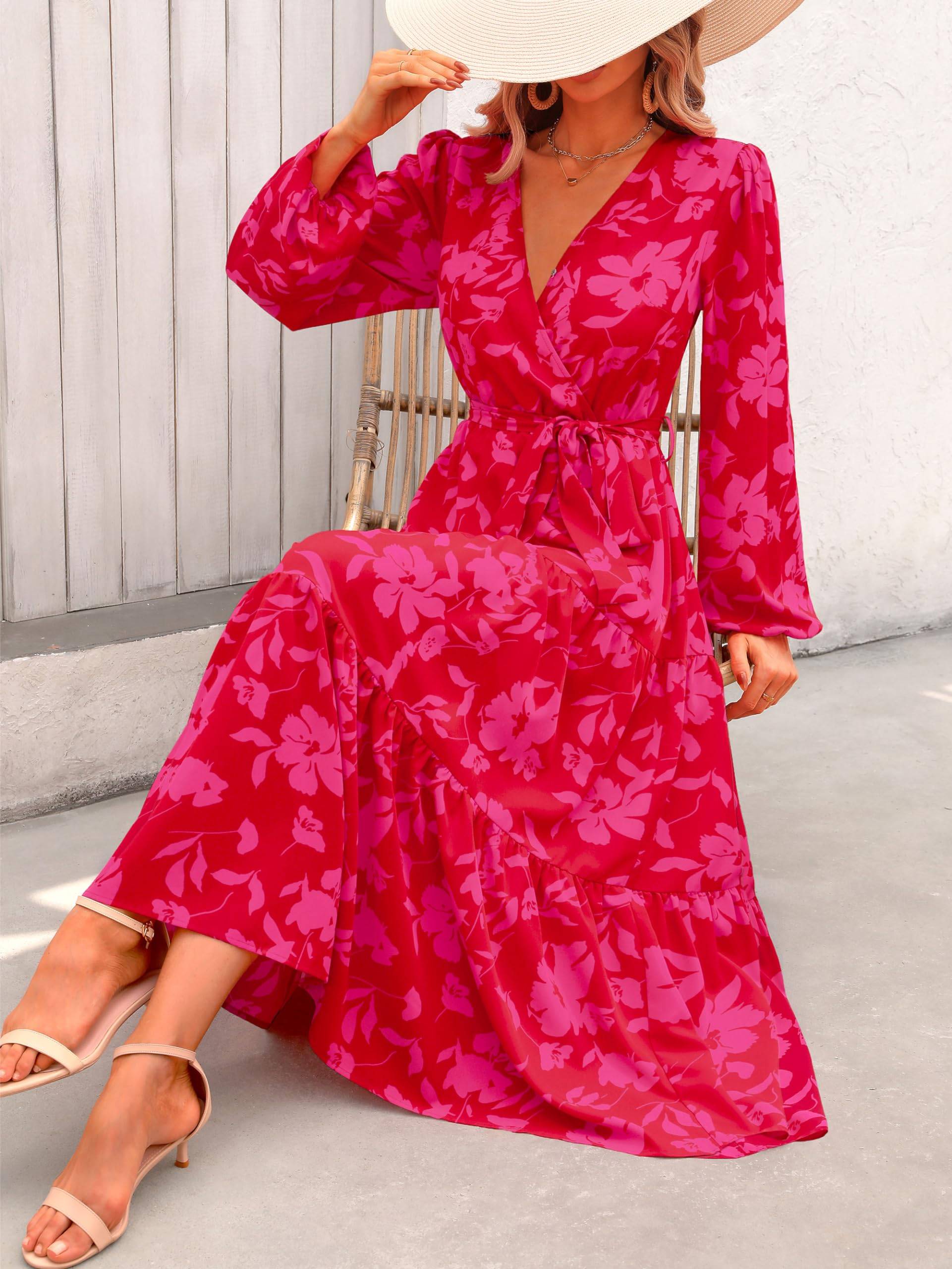 Womens Long Sleeve V Neck Floral Maxi Dress Boho