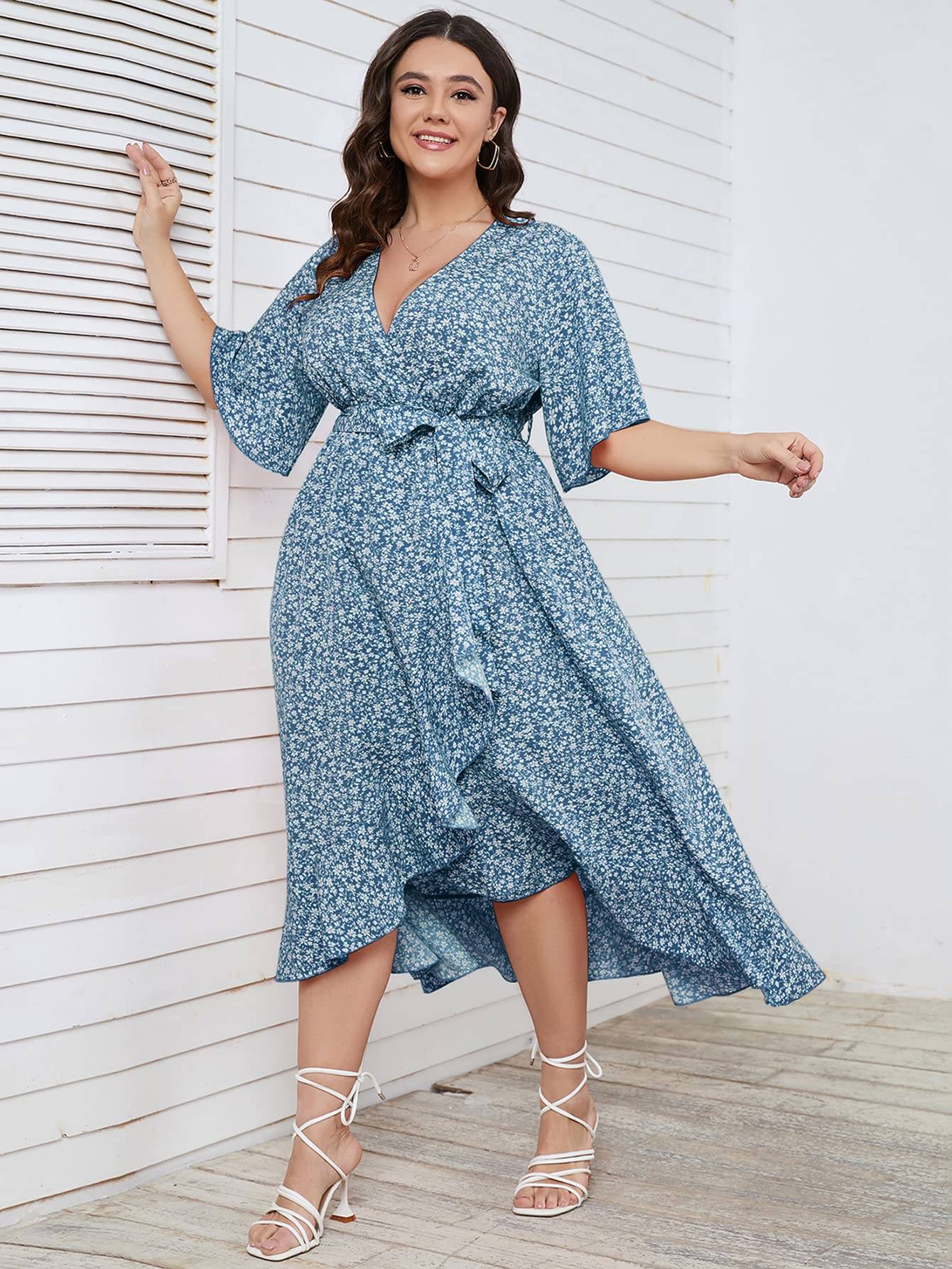 Women Plus Size Short Sleeve Wrap V Neck Dress