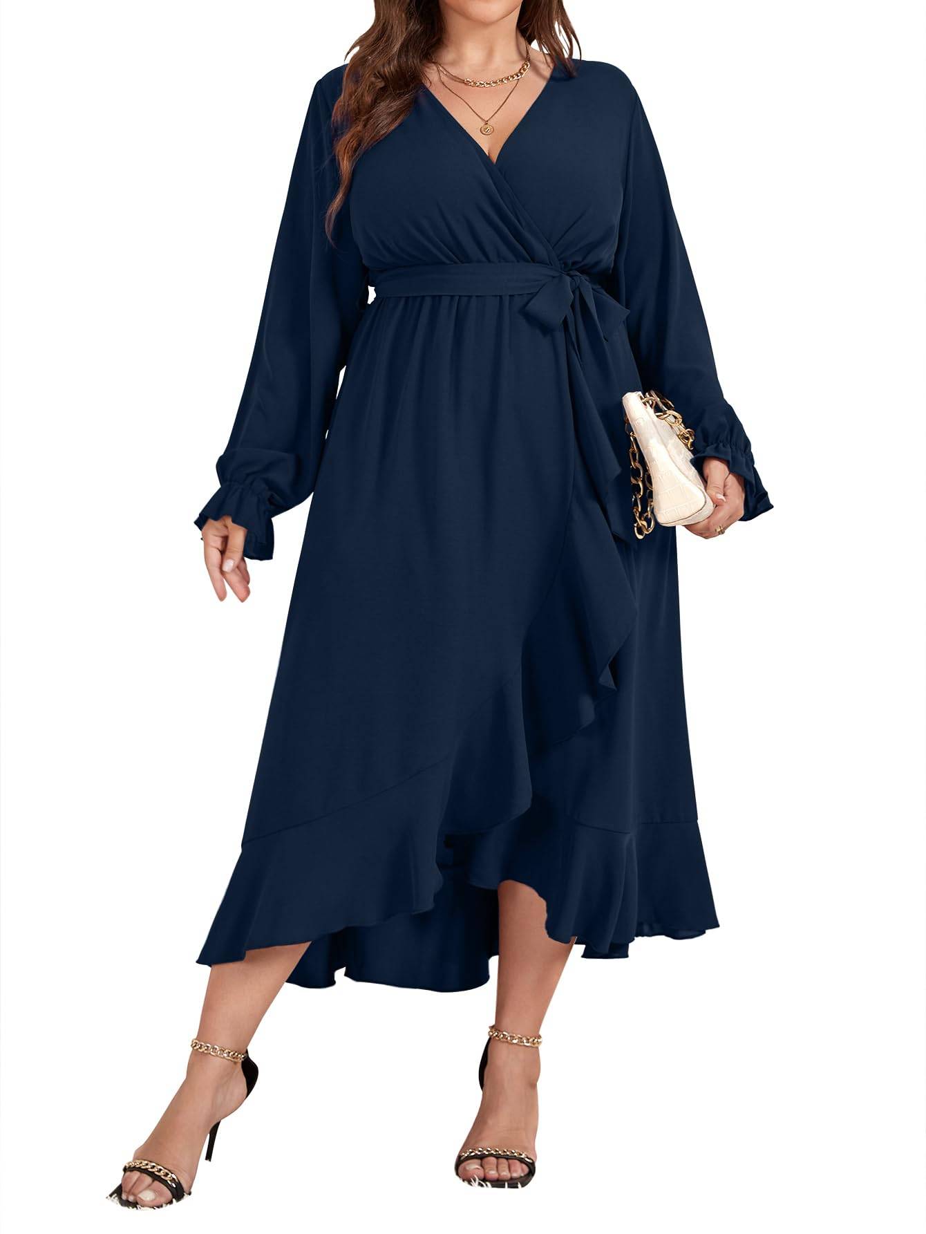 Women Plus Size Maxi Dress Wrap V Neck Dress