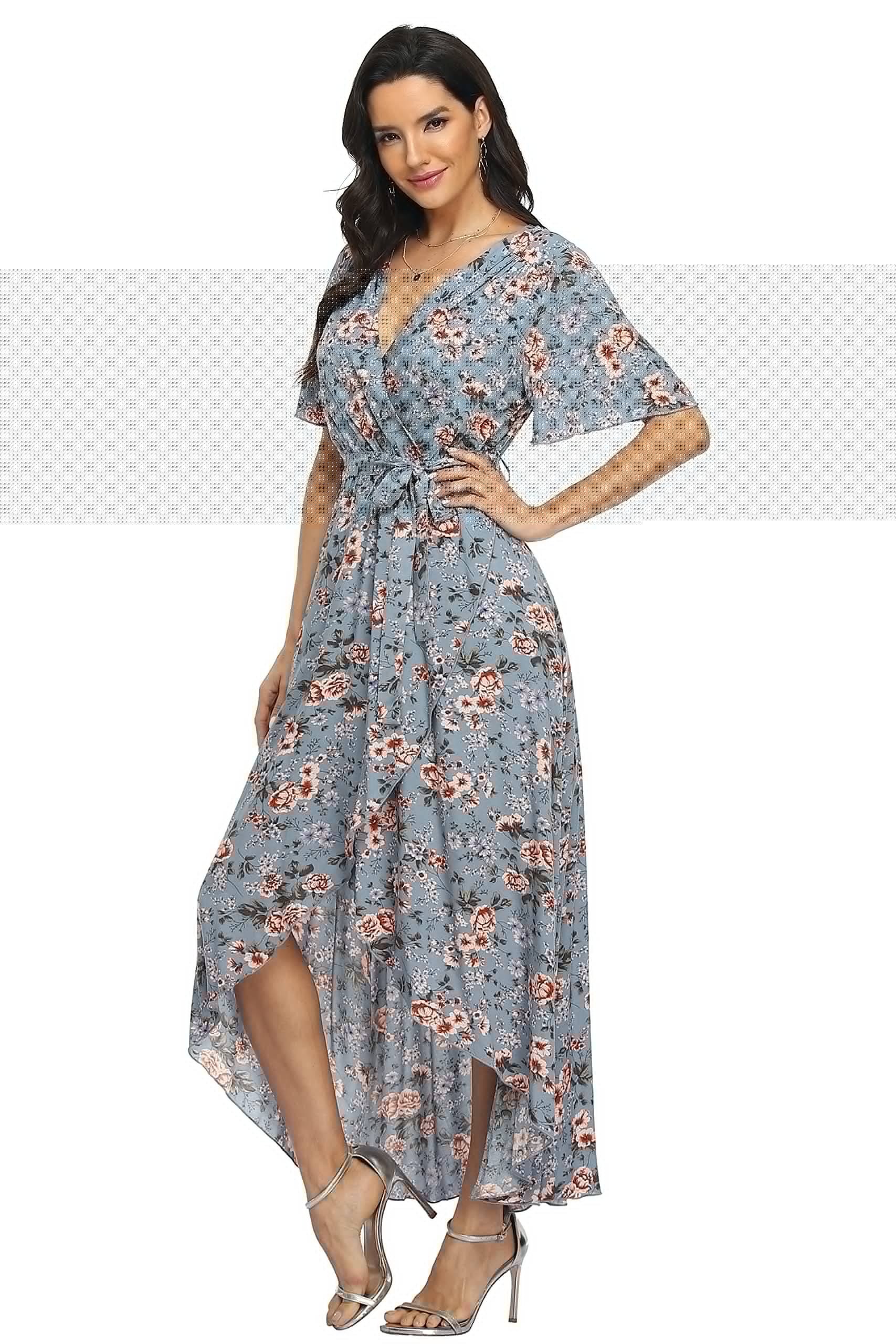 Women's Wrap V Neck Floral Summer Dresses Maxi