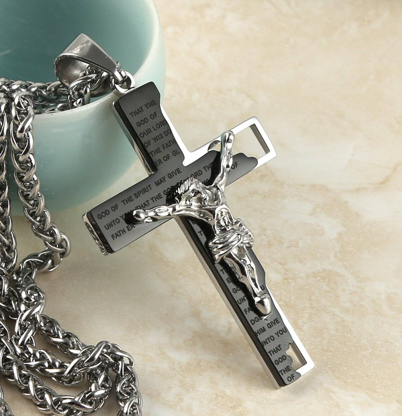 Men's Stainless Steel Cross Crucifix Bible Prayer Pendant Necklace 22+2" Chain