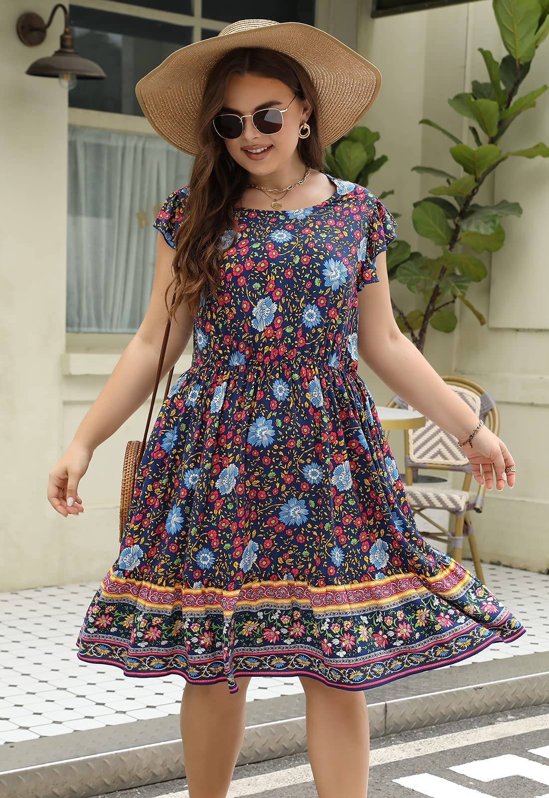 Plus Size Dresses Women Boho Floral Midi Dress