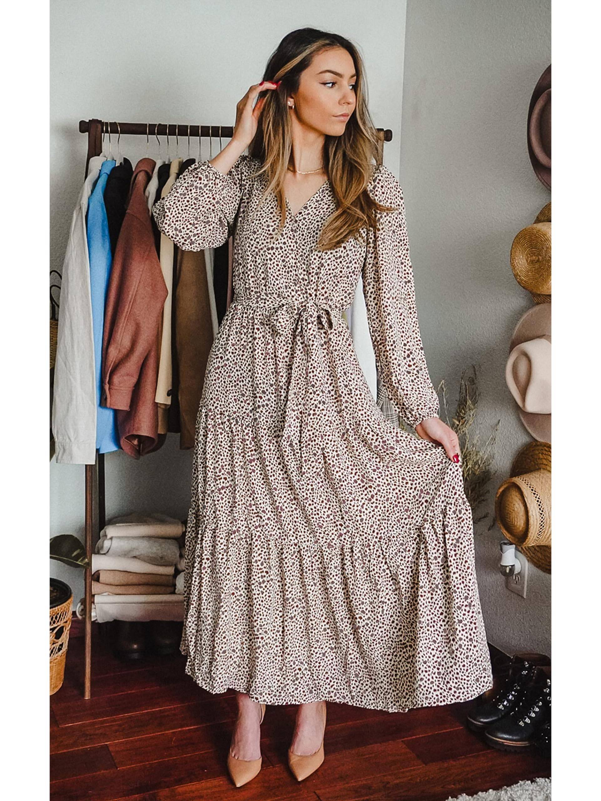 Womens Long Sleeve V Neck Floral Maxi Dress Boho