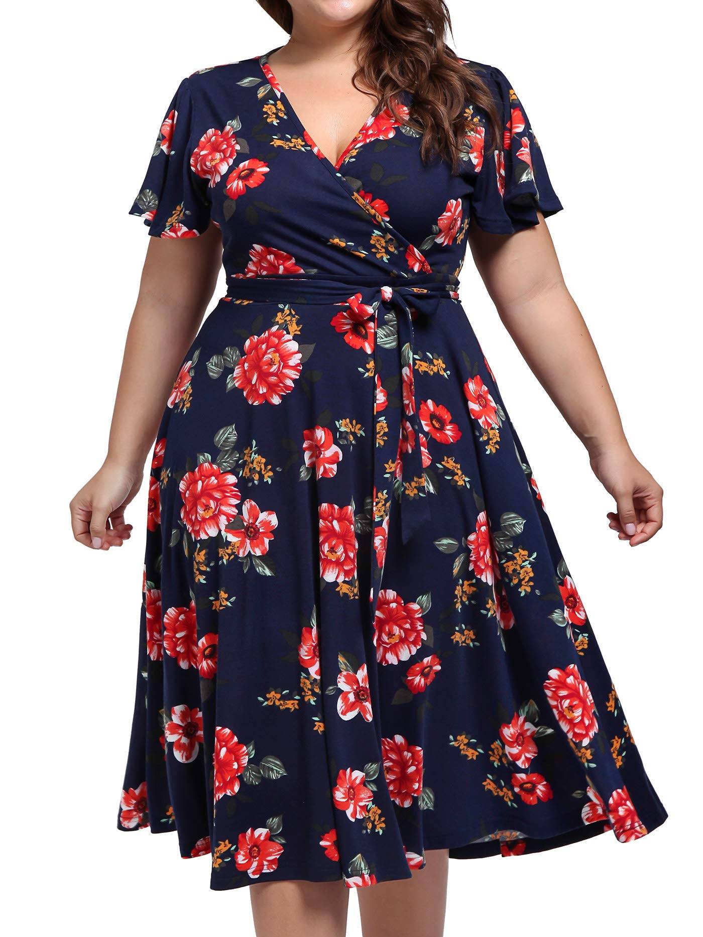 Plus Size Womens V Neck Floral Party Midi Dresses