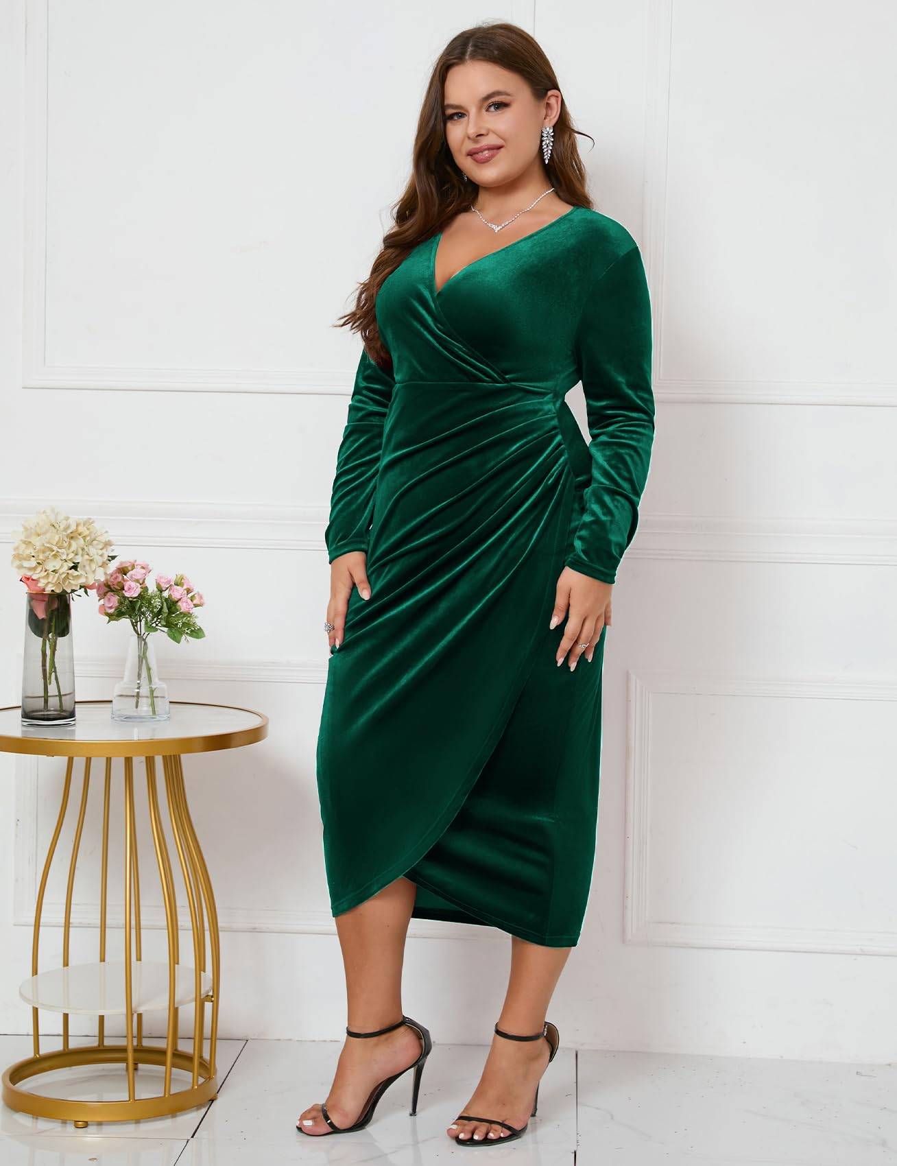 Plus Size Wrap Long Sleeves Ruffle Party Dress