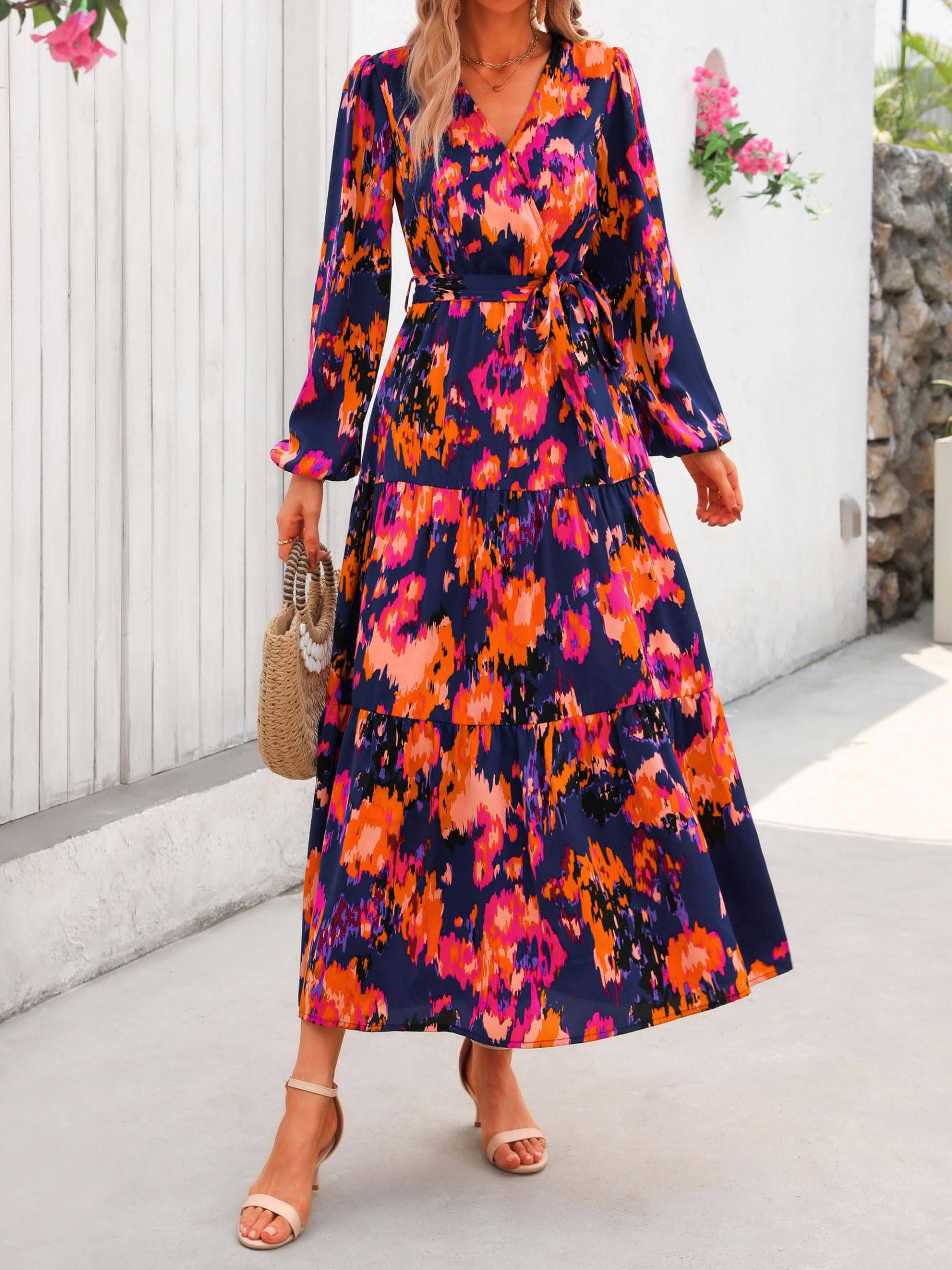 Womens Long Sleeve V Neck Floral Maxi Dress Boho