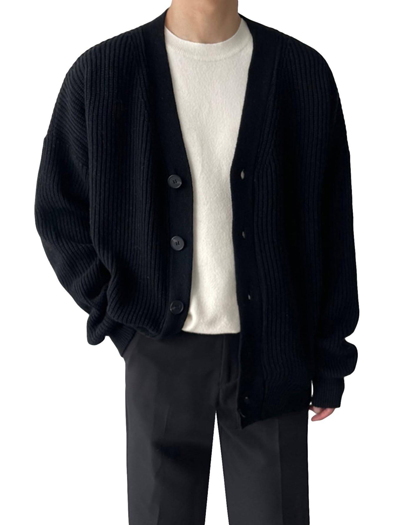 Men's Casual Long Sleeve Button Front V Neck Rib Knit Cardigan Sweater