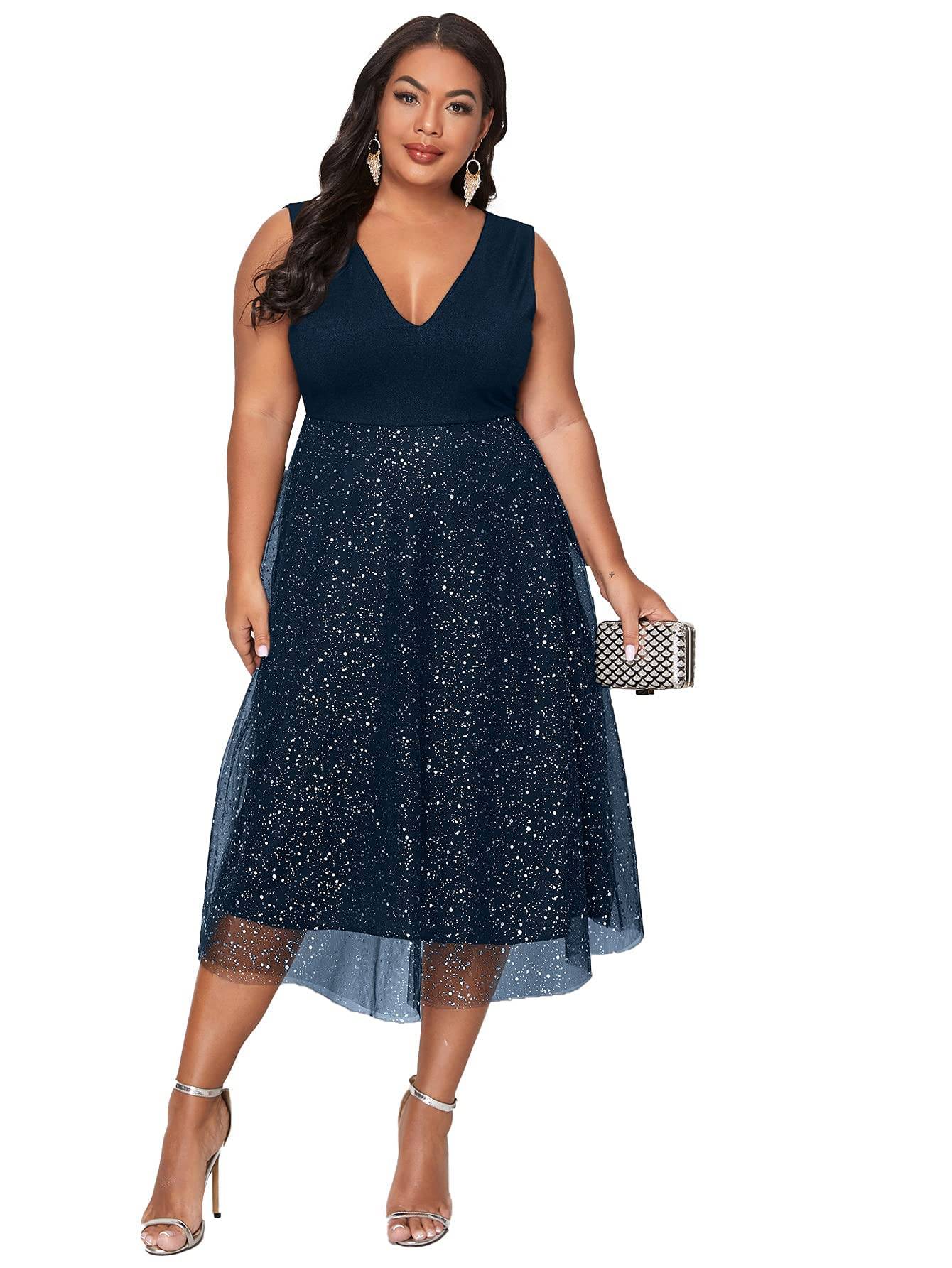 Women's Plus Size V Neck Party Midi Dress