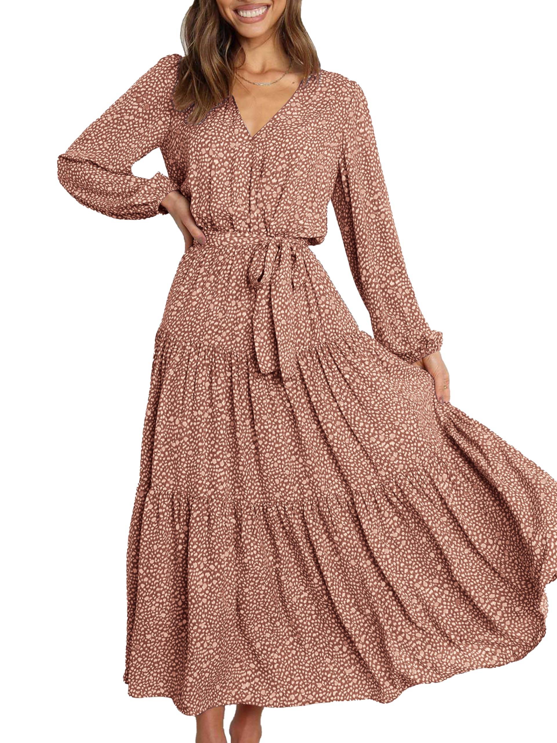 Womens Long Sleeve V Neck Floral Maxi Dress Boho