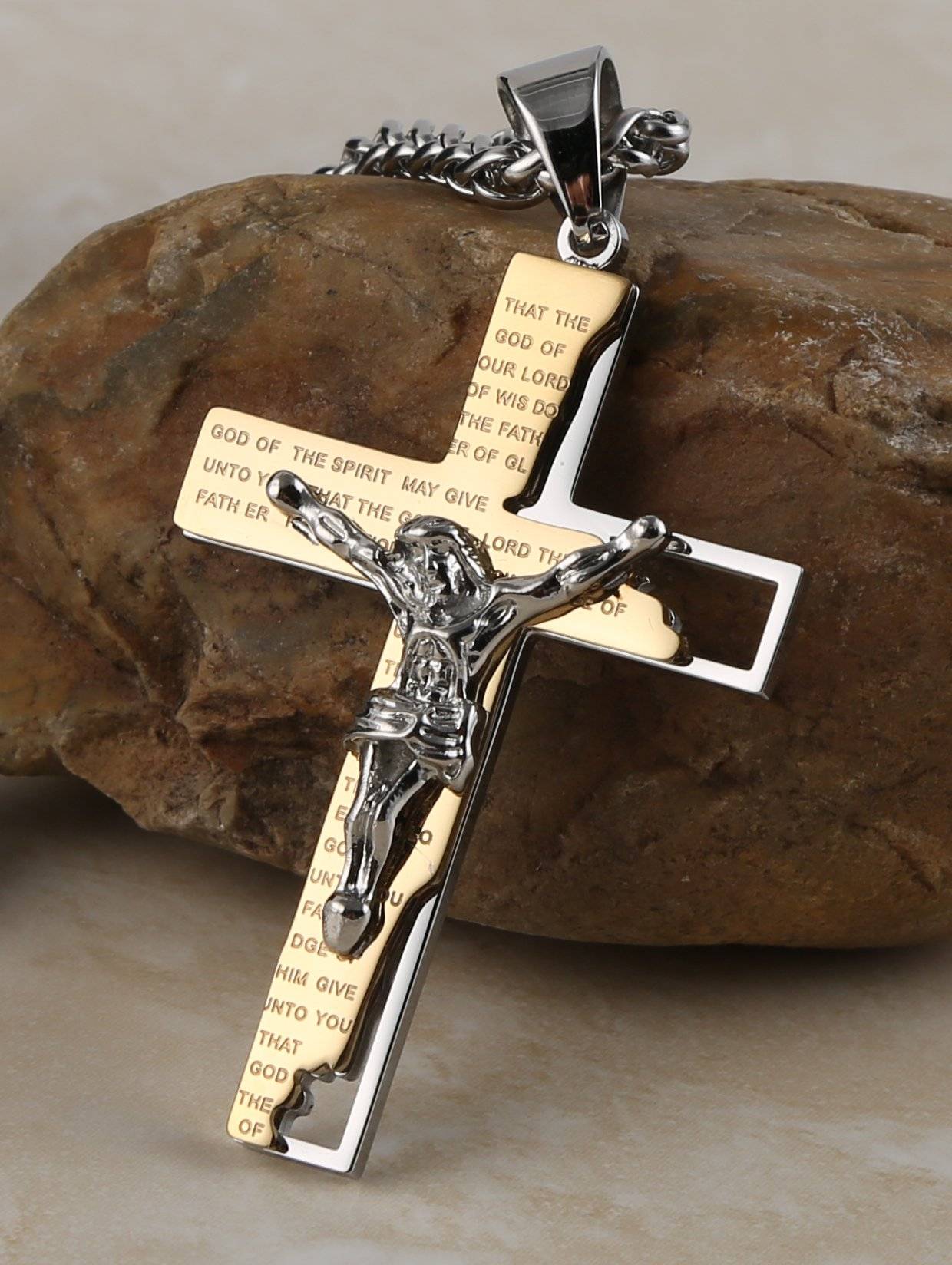 Men's Stainless Steel Cross Crucifix Bible Prayer Pendant Necklace 22+2" Chain