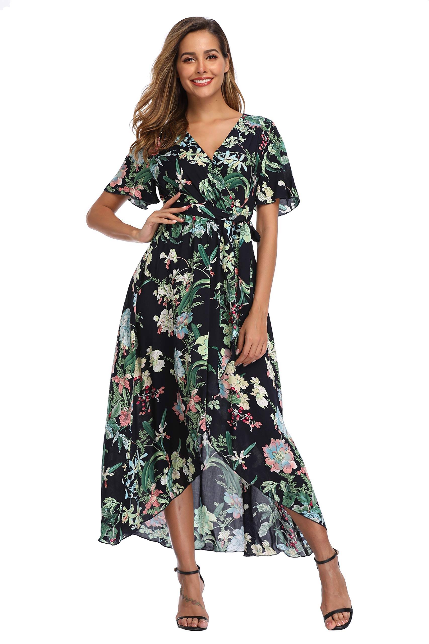 Women's Wrap V Neck Floral Summer Dresses Maxi