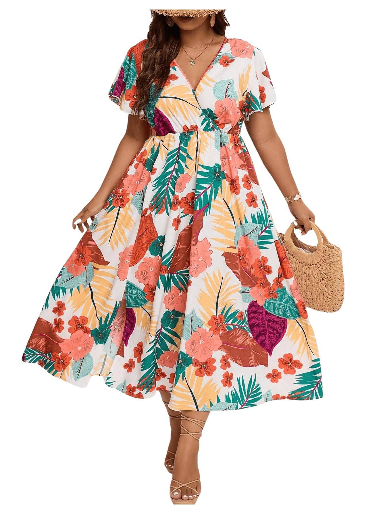 Women's Plus Size Boho Floral V Neck A Line Dress