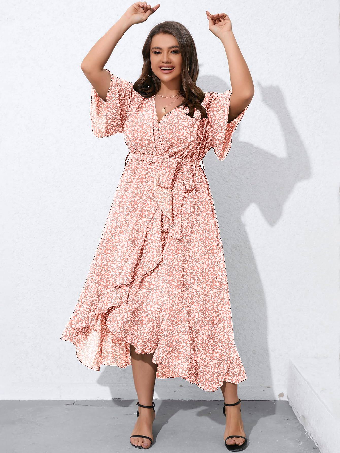 Women Plus Size Short Sleeve Wrap V Neck Dress