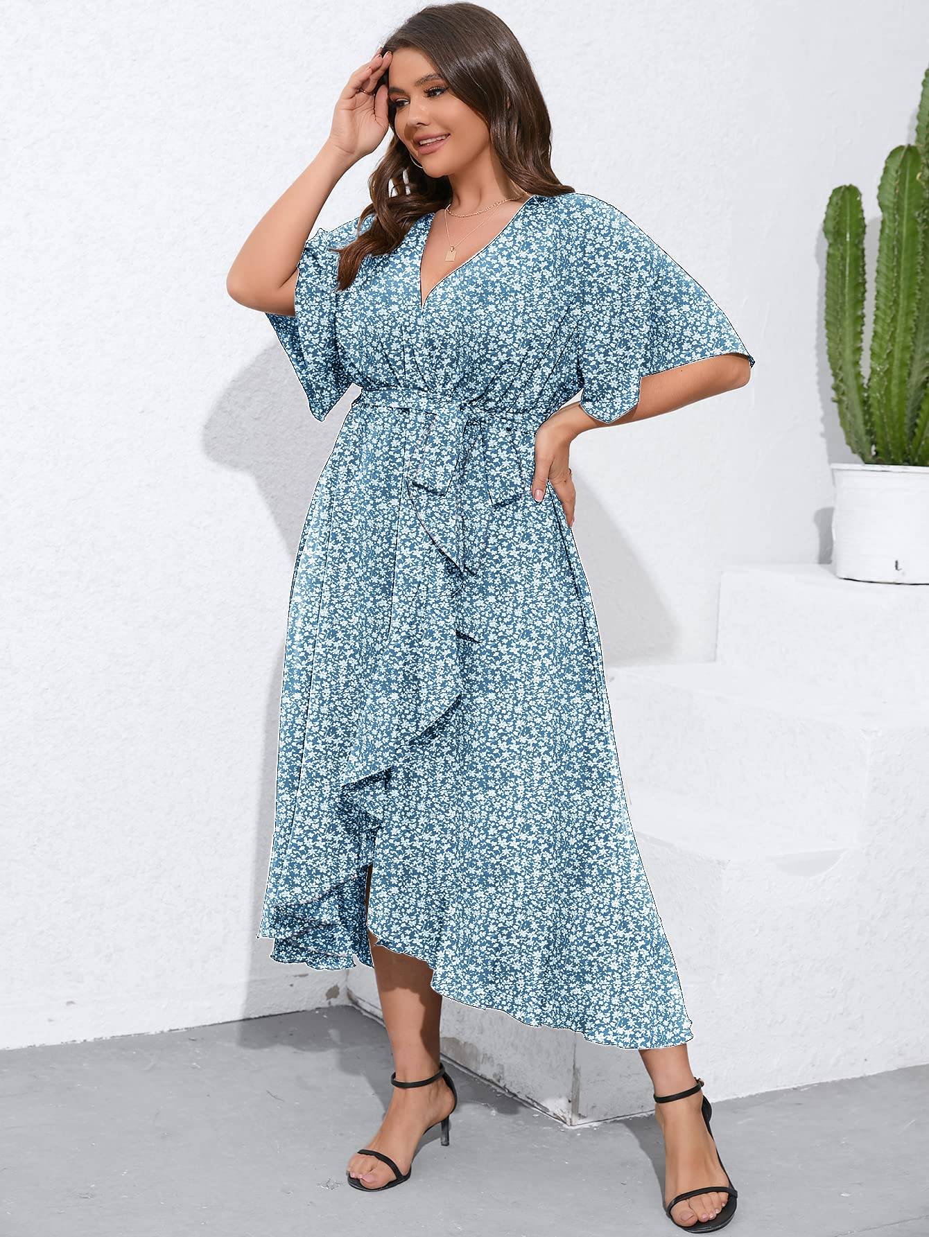 Women Plus Size Short Sleeve Wrap V Neck Dress