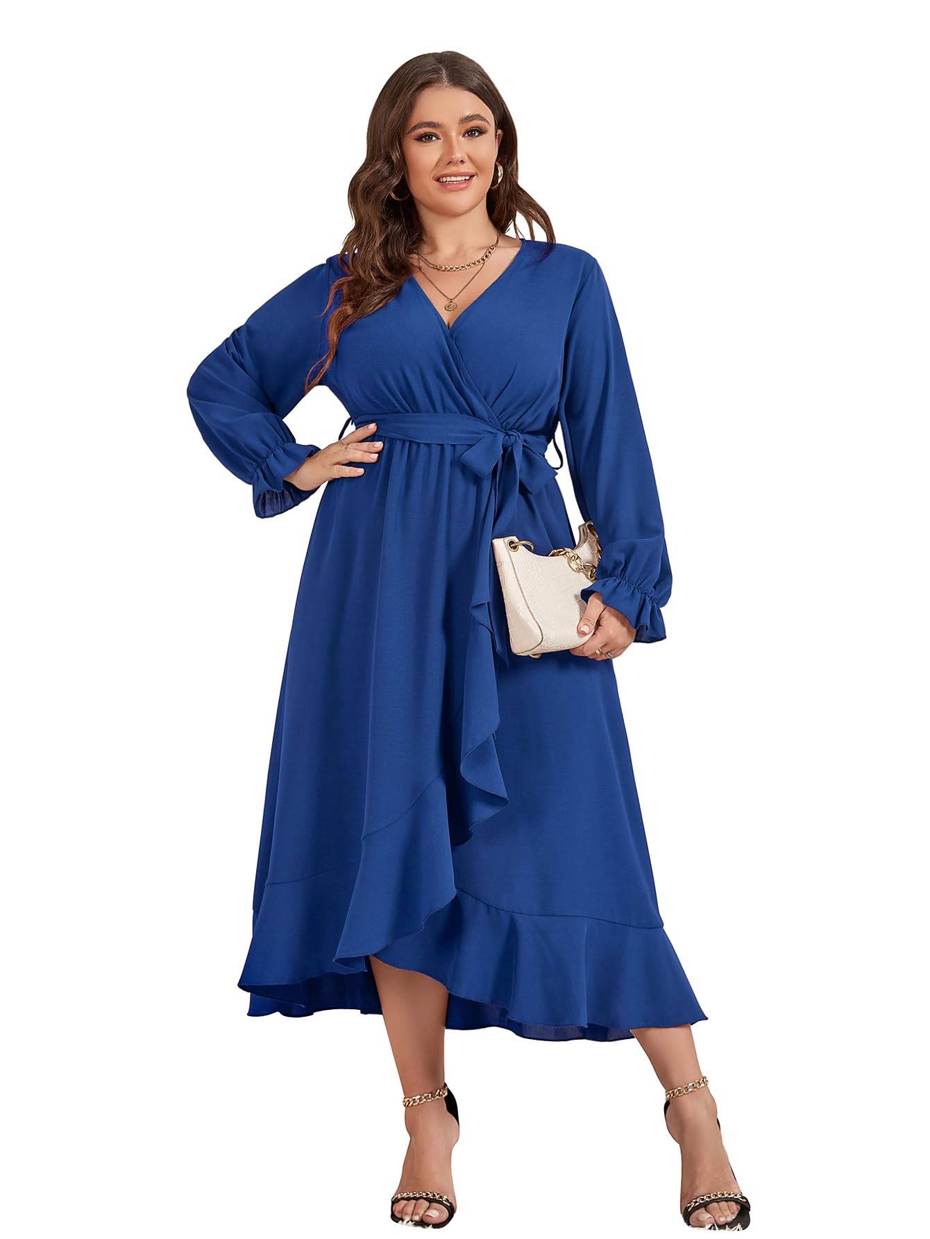 Women Plus Size Maxi Dress Wrap V Neck Dress