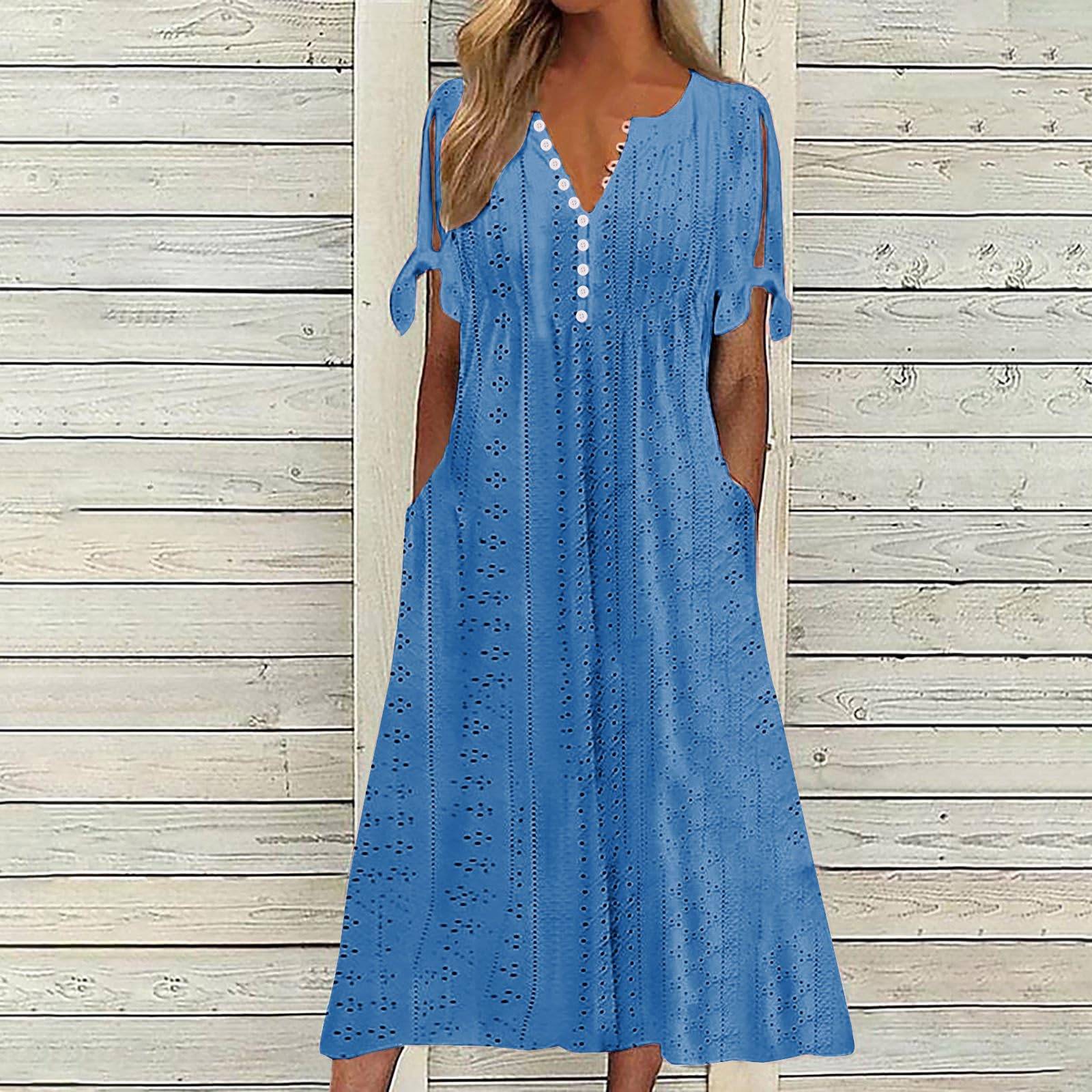 Womens Maxi Long Dress Boho V Neck Pockets Dresses