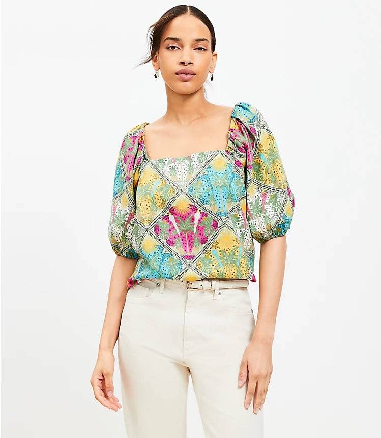 Palm Bubble Sleeve Square Neck Blouse Printed