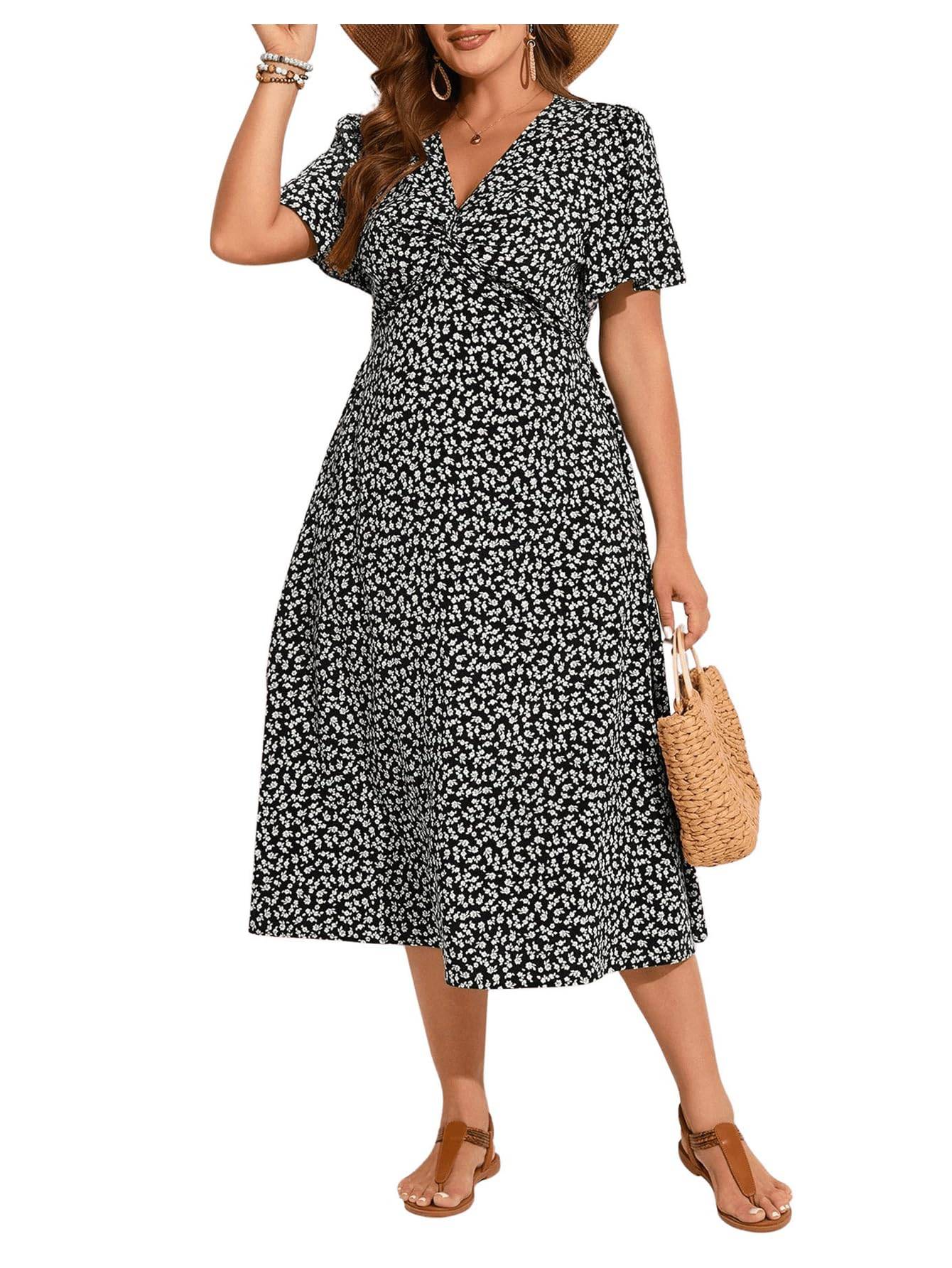 Women's Plus Size Boho Floral V Neck A Line Dress