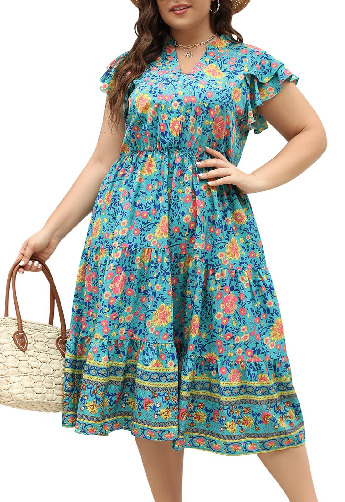 Plus Size Midi DressesWomen Boho Floral Dress