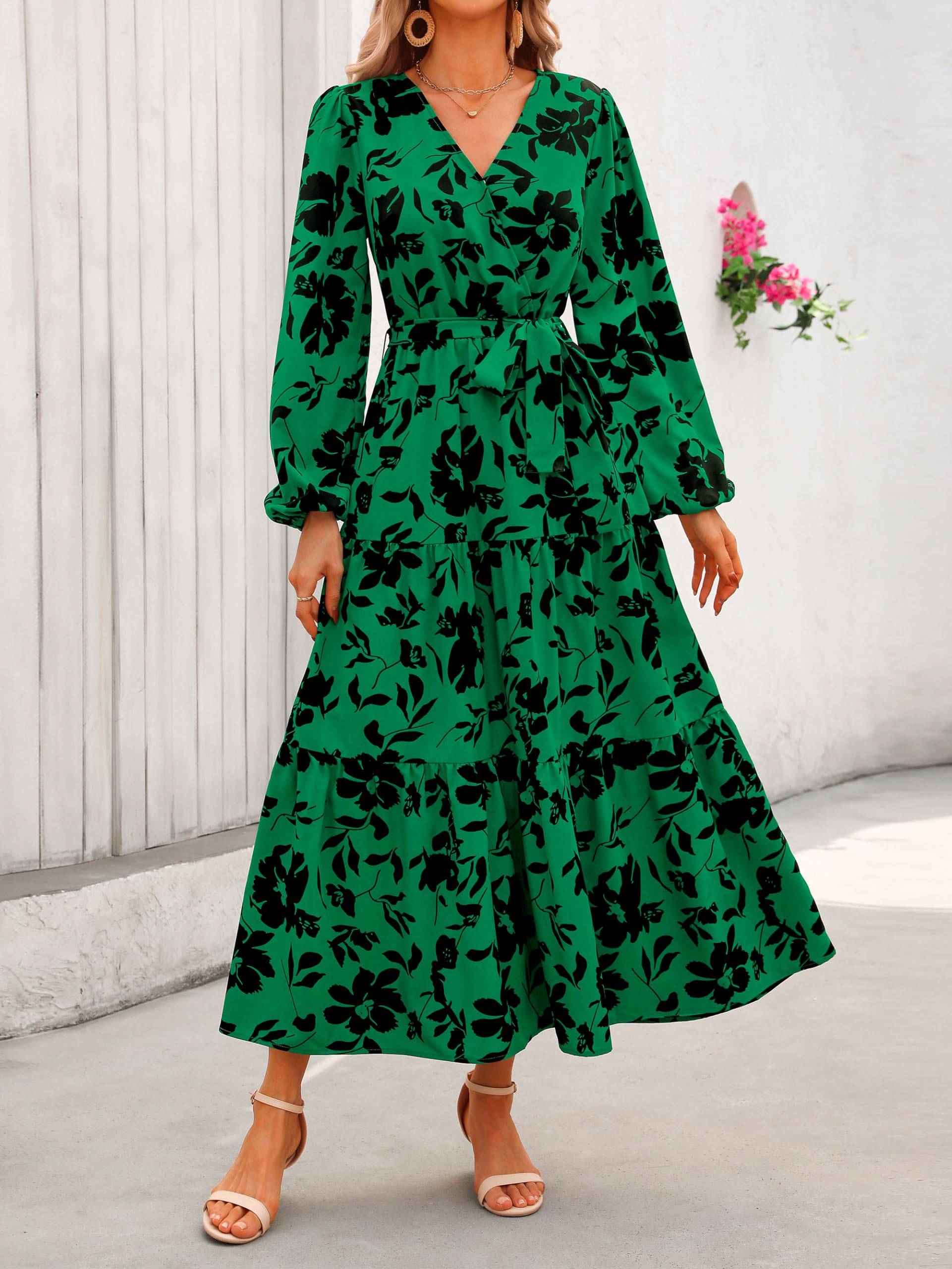 Womens Long Sleeve V Neck Floral Maxi Dress Boho