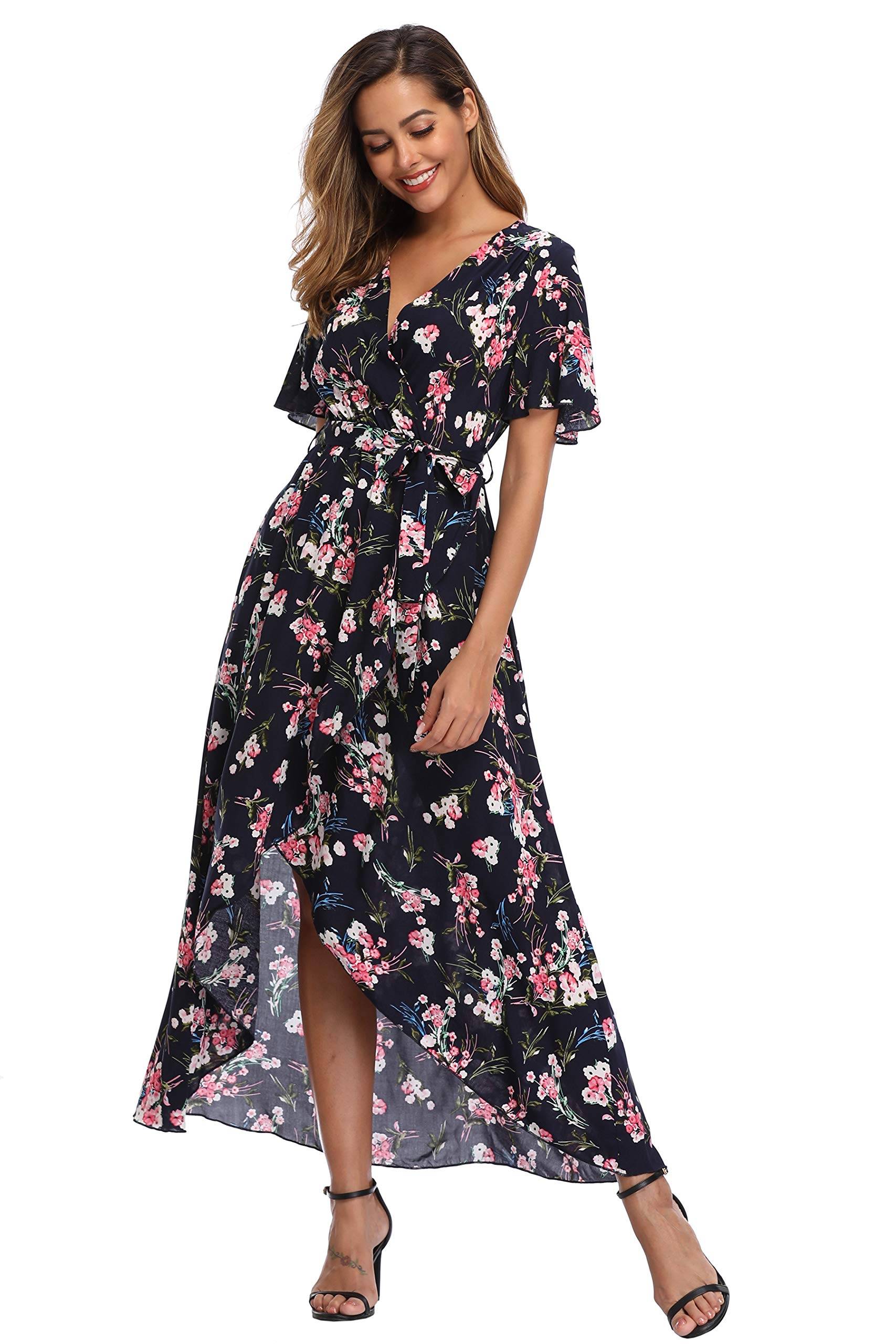 Women's Wrap V Neck Floral Summer Dresses Maxi