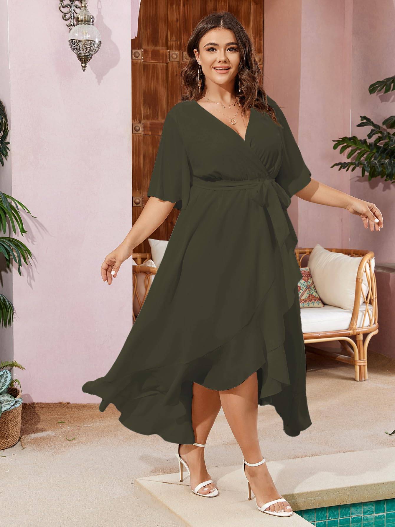 Women Plus Size Short Sleeve Wrap V Neck Dress