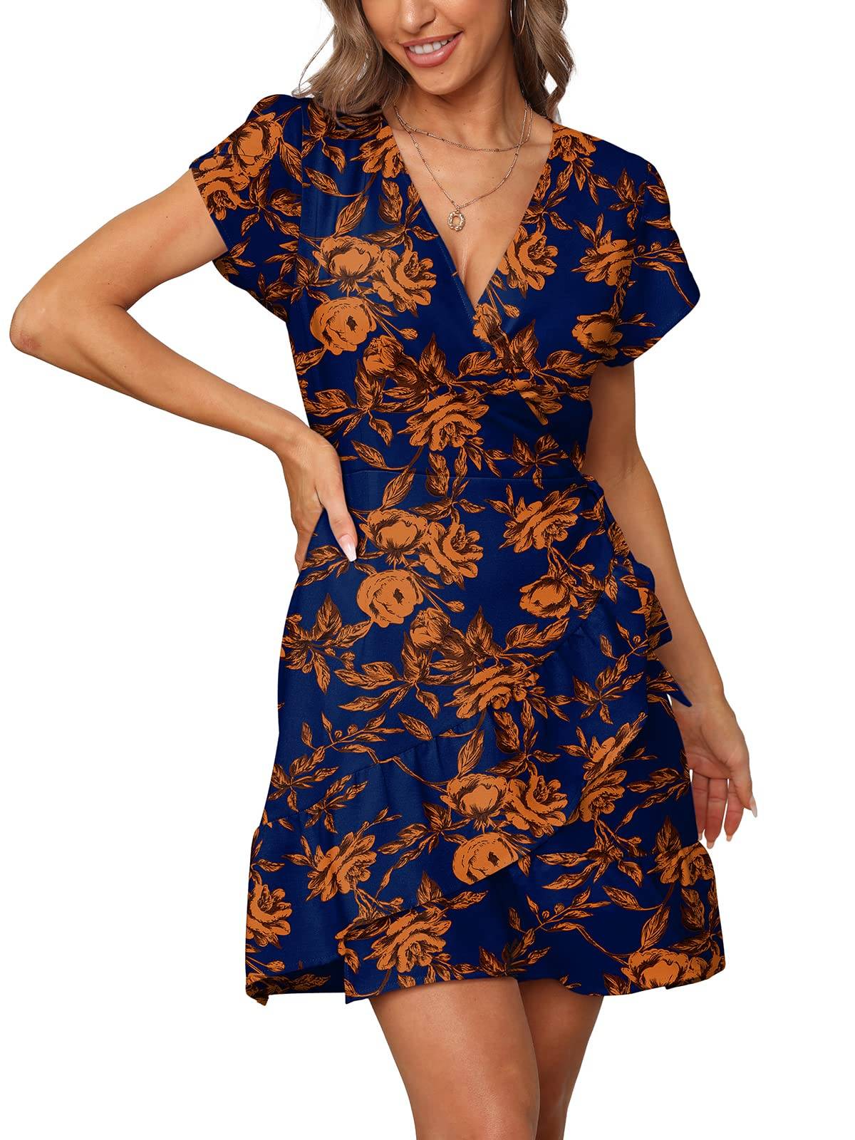 Summer V Neck Wrap Short Dress with Belt for Women