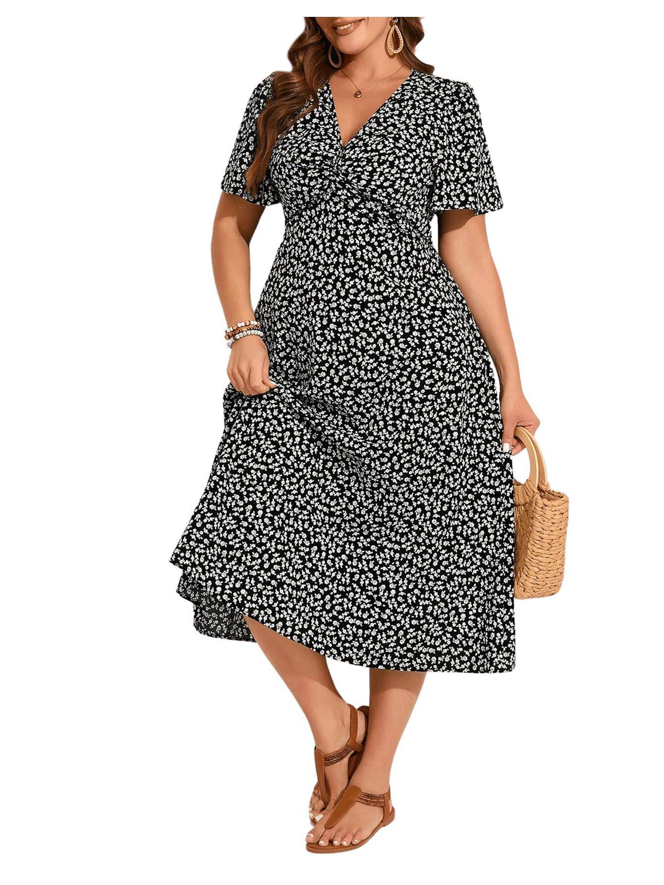 Women's Plus Size Boho Floral V Neck A Line Dress