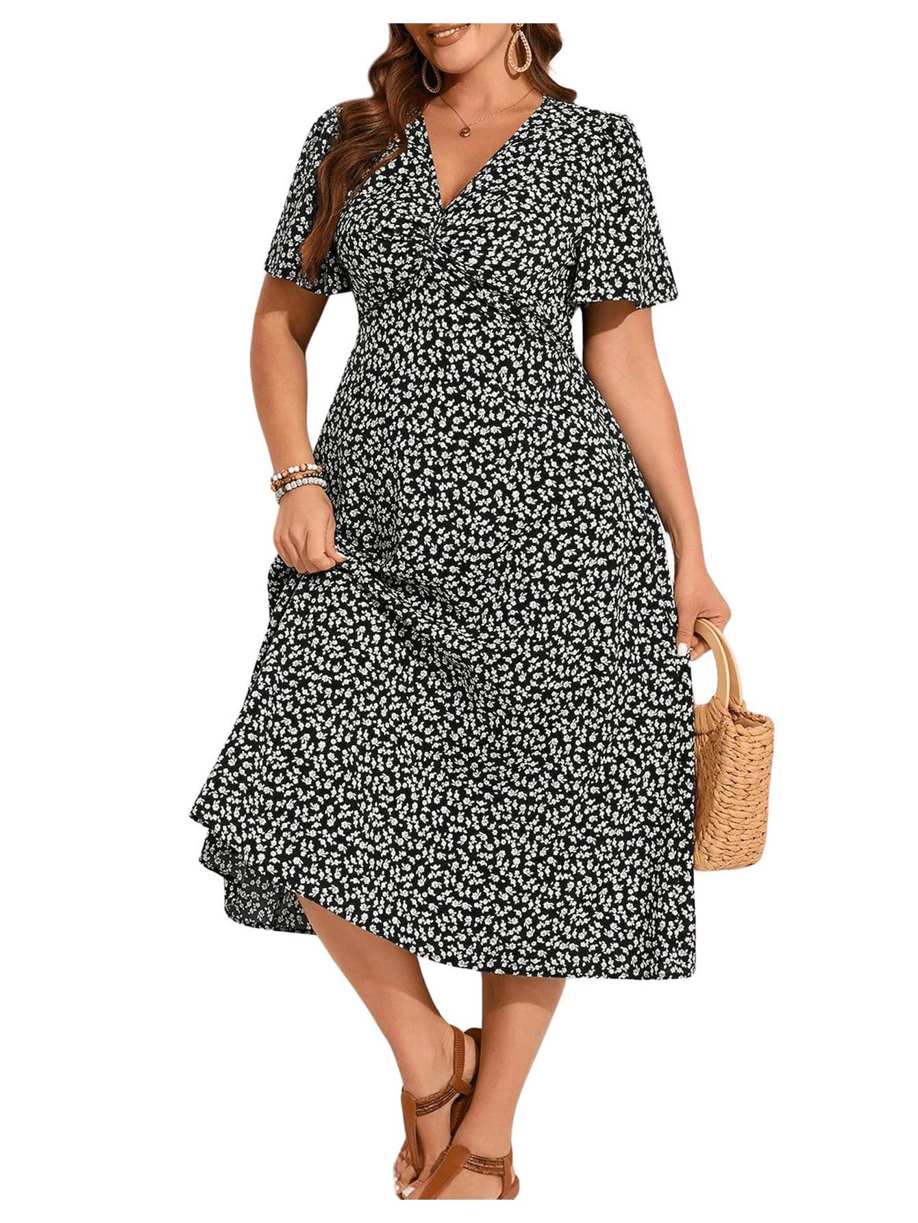 Women's Plus Size Boho Floral V Neck A Line Dress