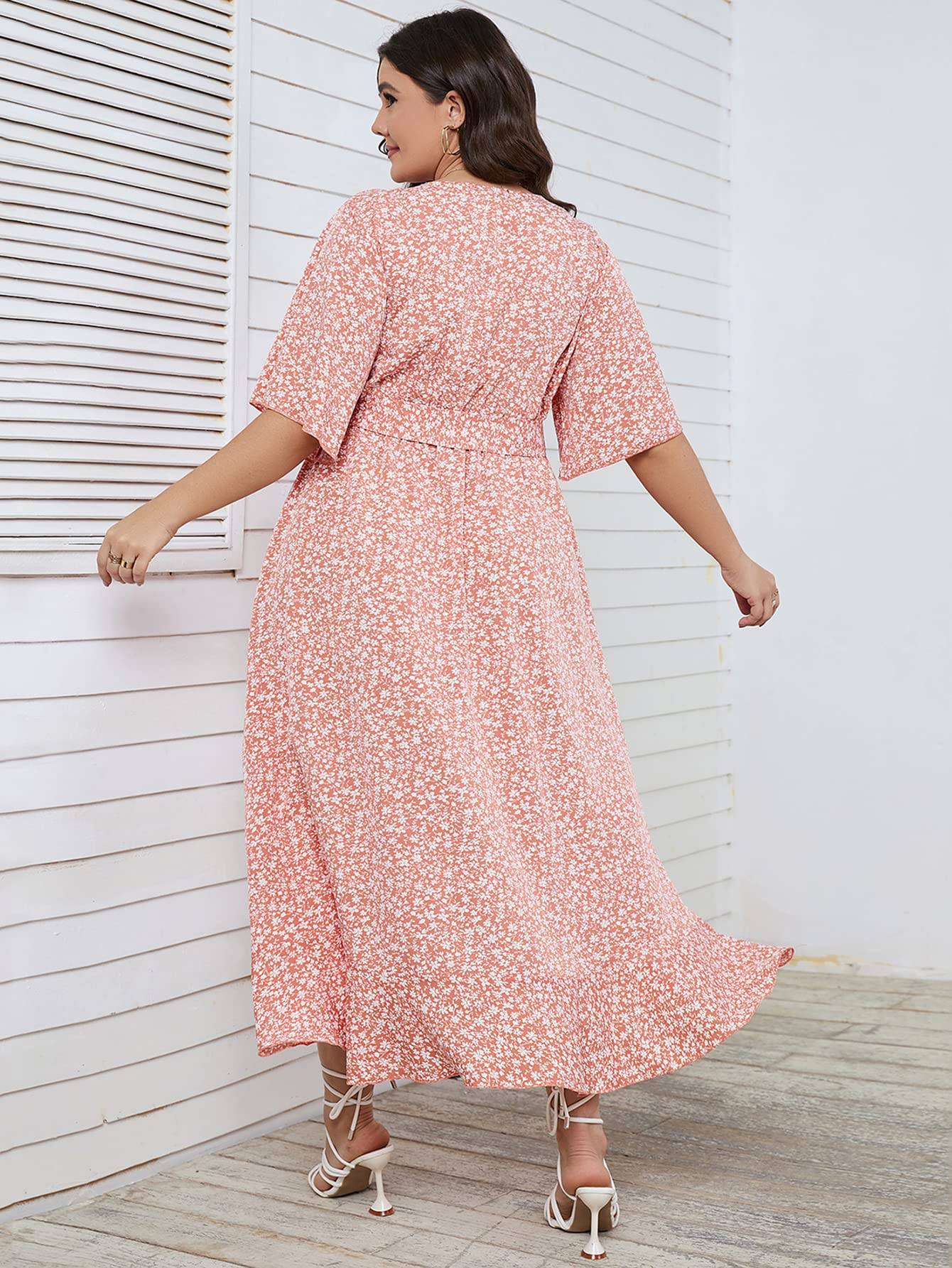 Women Plus Size Short Sleeve Wrap V Neck Dress