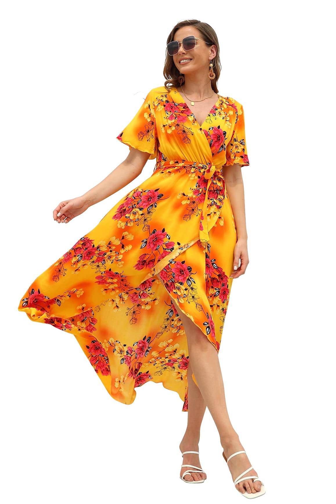 Women's Wrap V Neck Floral Summer Dresses Maxi