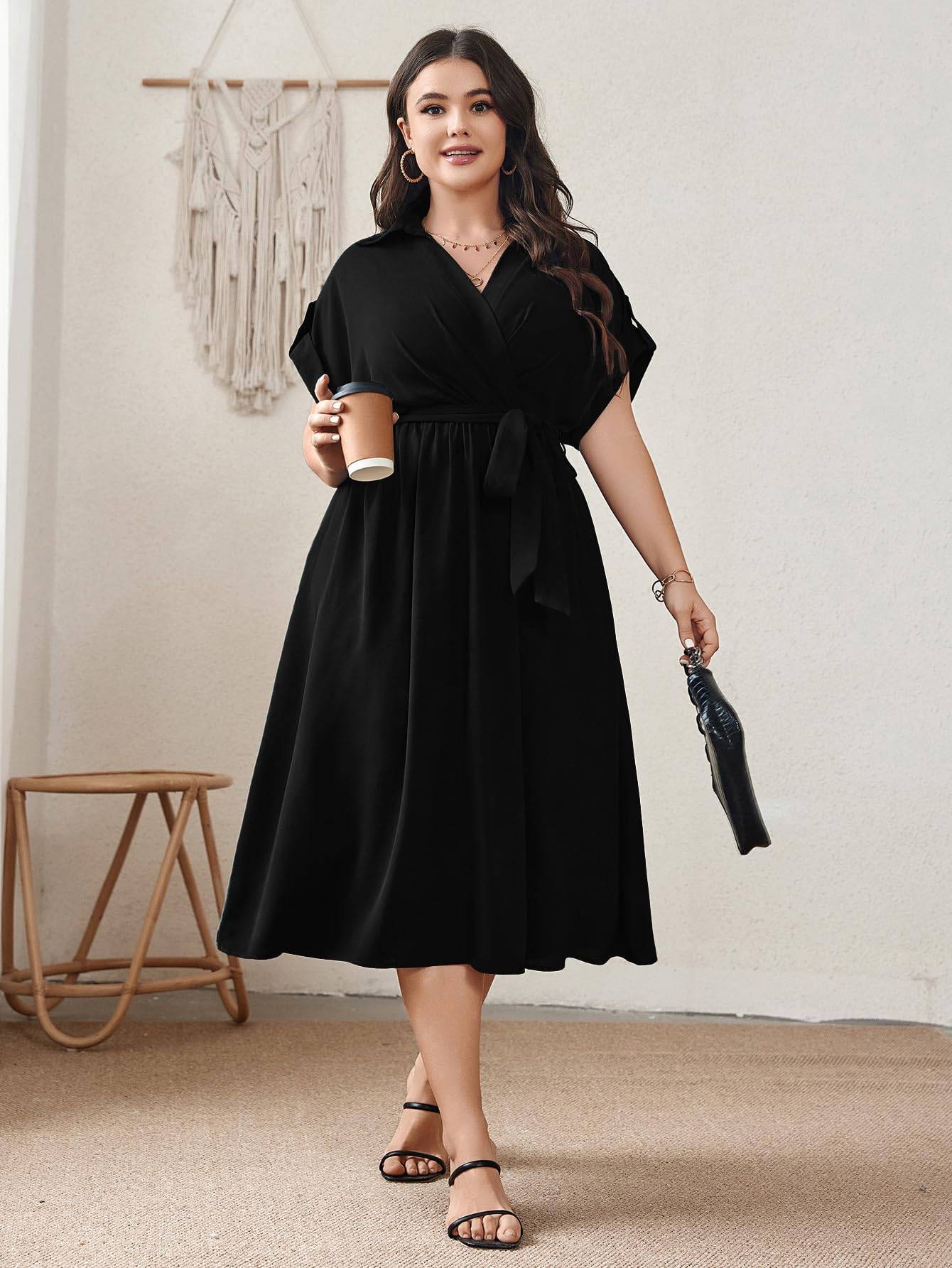 Womens Plus Size Midi Dress A line Wrap Tie Dress