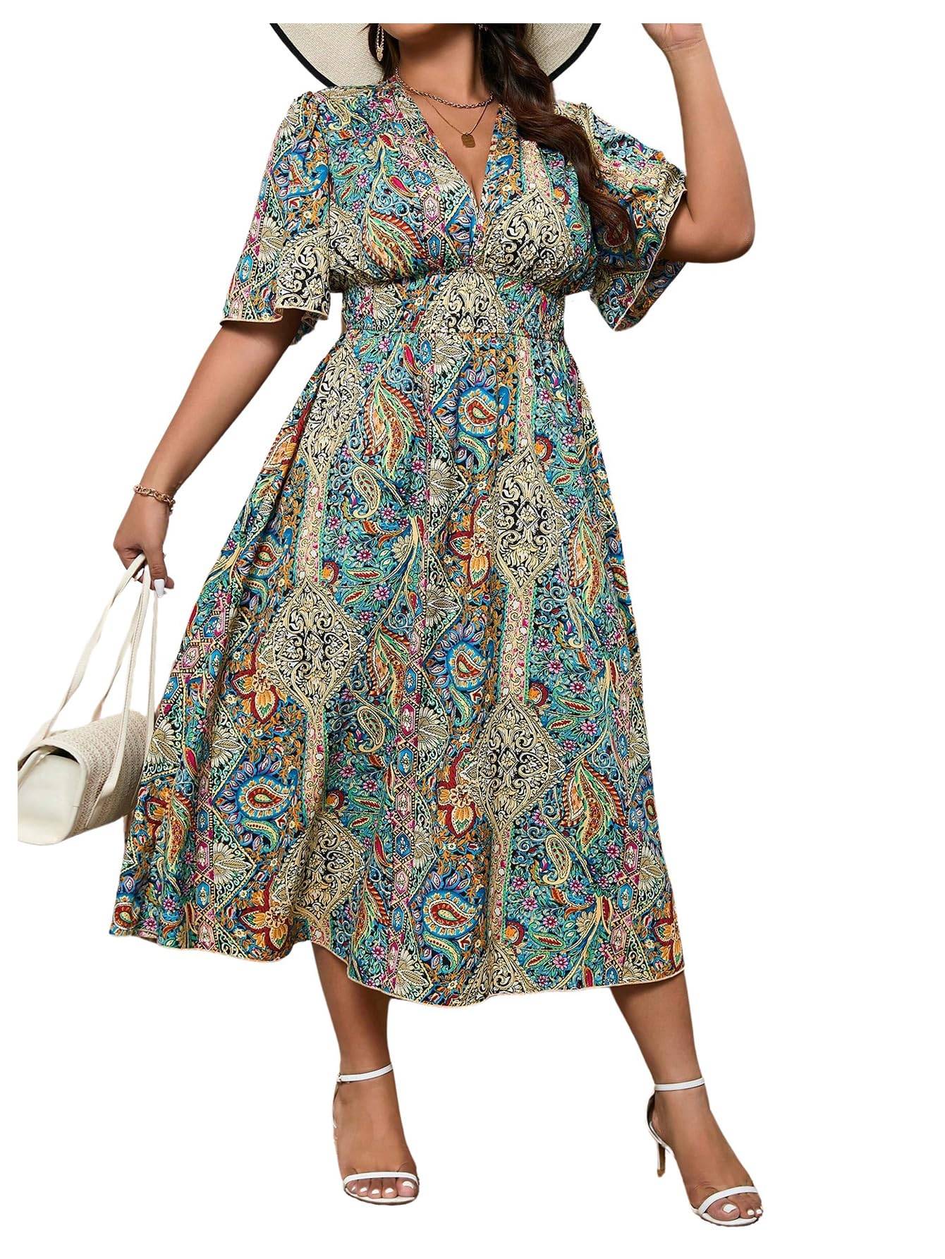 Women's Plus Size Boho Floral V Neck A Line Dress