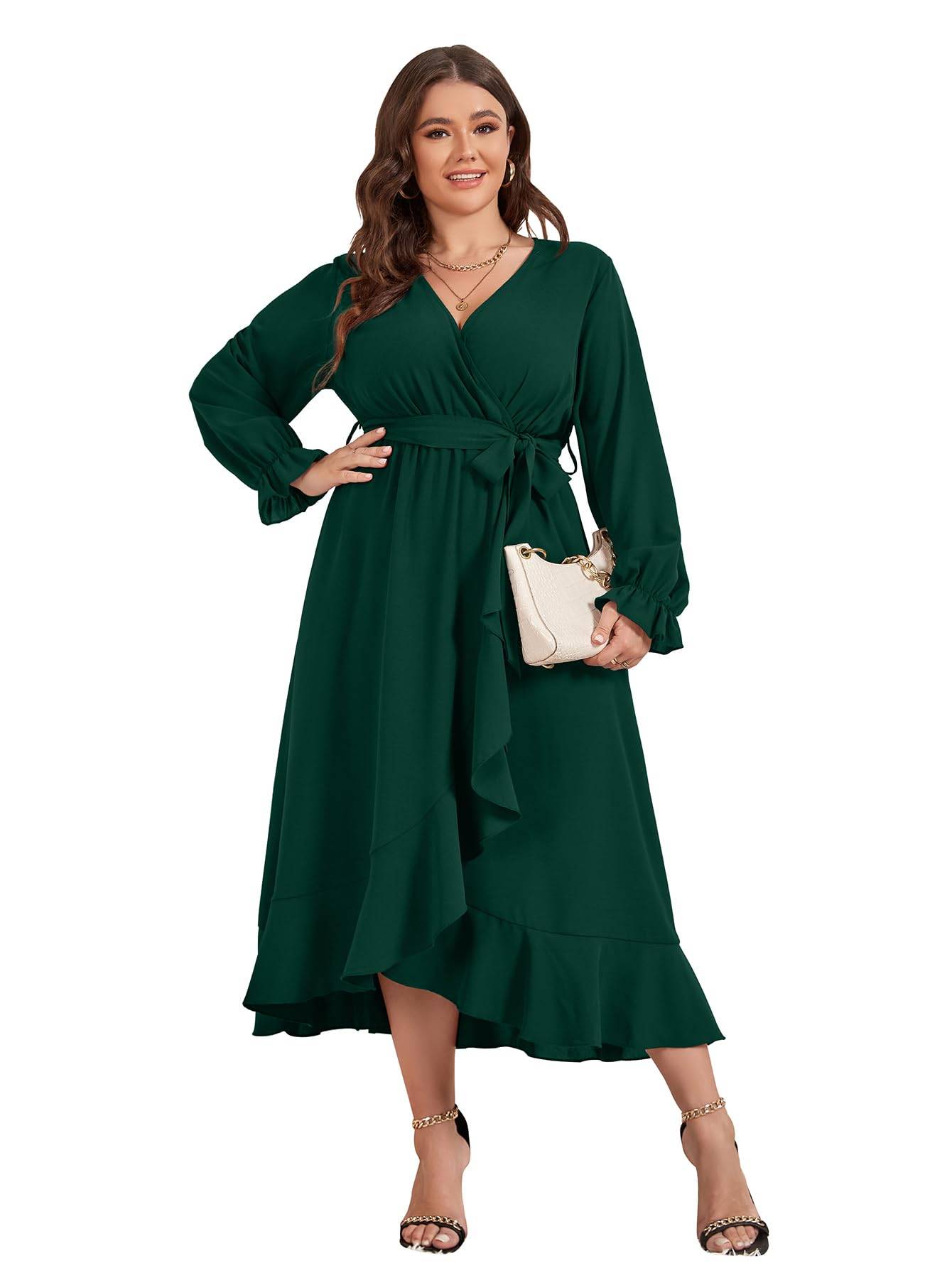 Women Plus Size Maxi Dress Wrap V Neck Dress