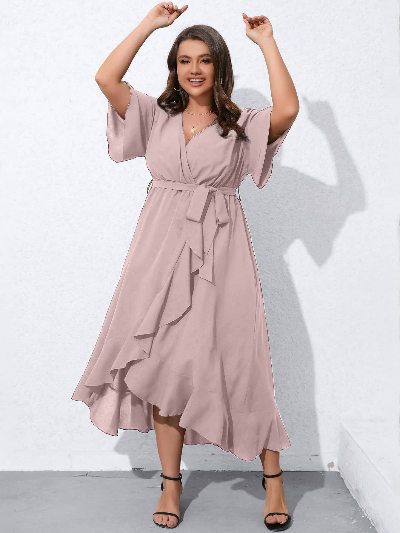 Women Plus Size Short Sleeve Wrap V Neck Dress