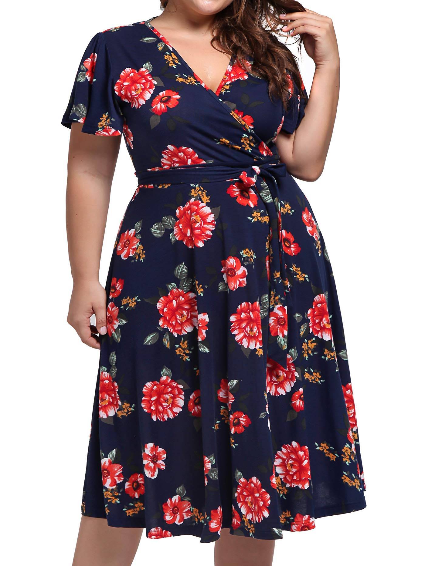 Plus Size Womens V Neck Floral Party Midi Dresses