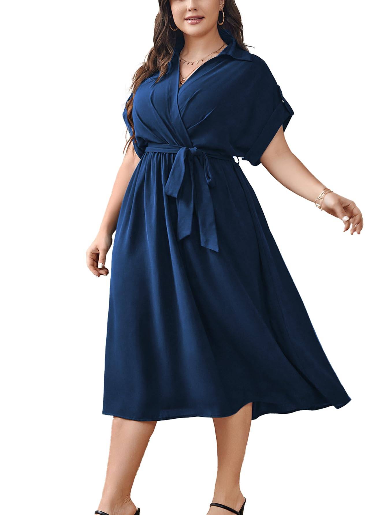 Womens Plus Size Midi Dress A line Wrap Tie Dress