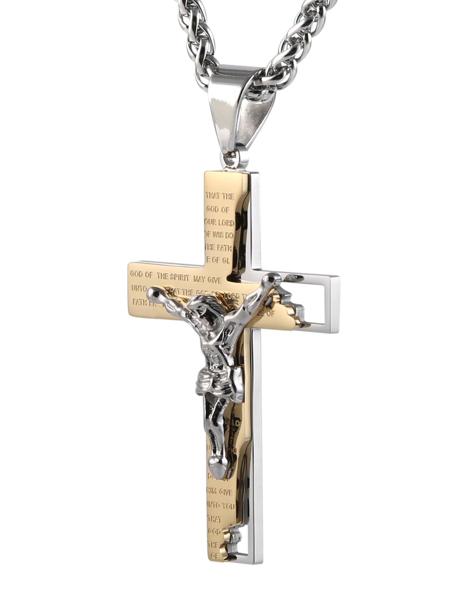 Men's Stainless Steel Cross Crucifix Bible Prayer Pendant Necklace 22+2" Chain