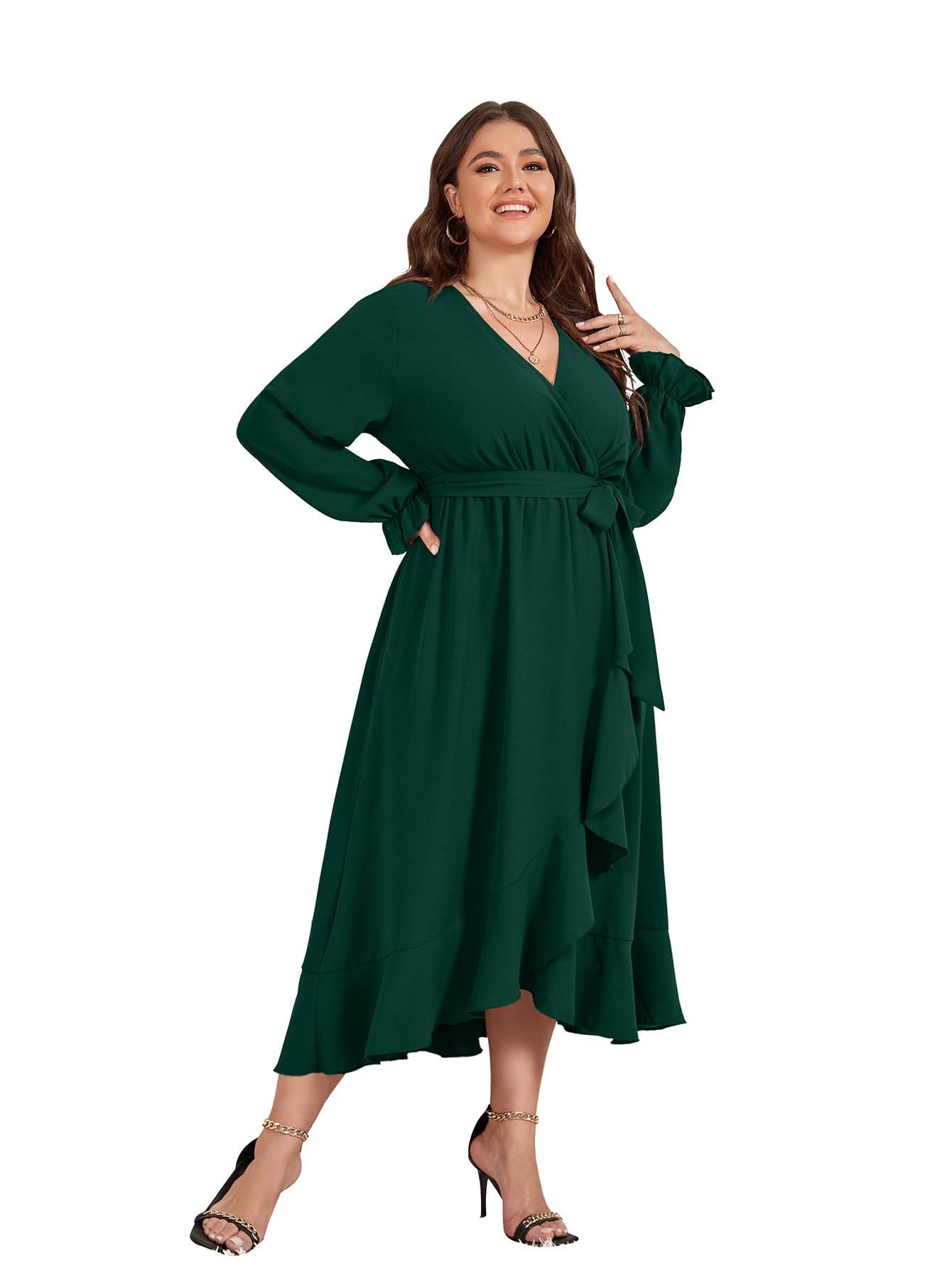 Women Plus Size Maxi Dress Wrap V Neck Dress