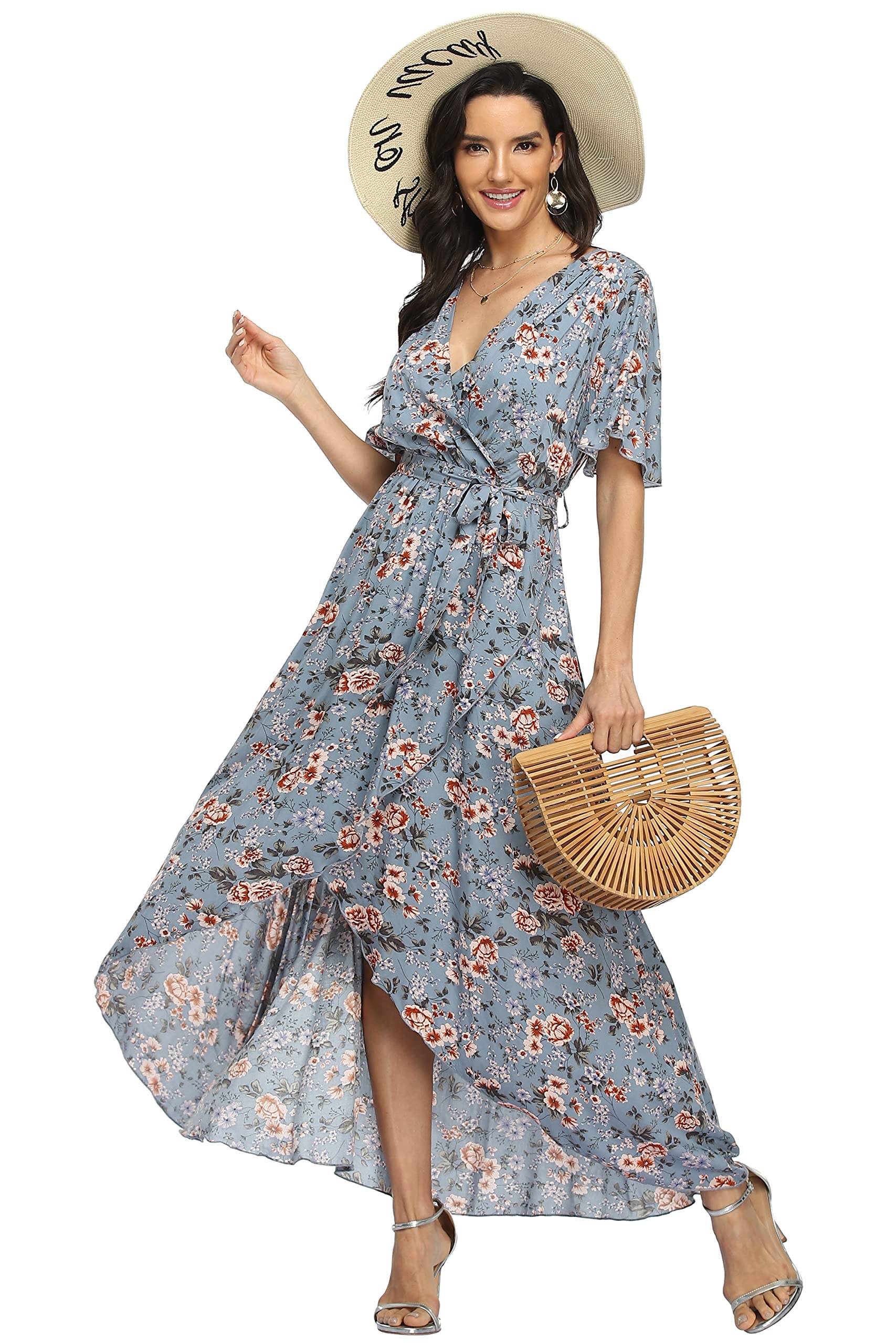 Women's Wrap V Neck Floral Summer Dresses Maxi