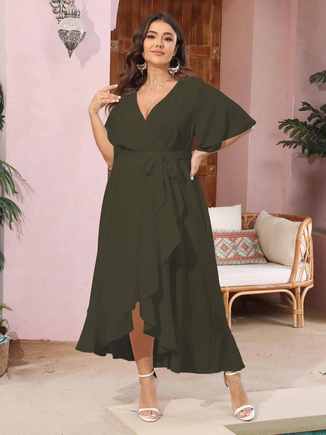 Women Plus Size Short Sleeve Wrap V Neck Dress