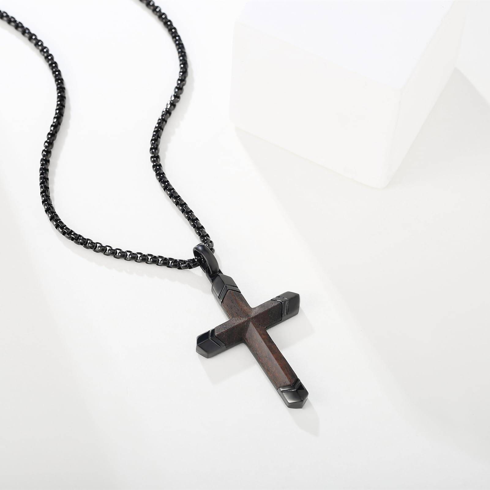 Wooden Cross Necklace for Men, Black Stainless Steel Christian Wood Crucifix Pendant for Boys, Free Necklace 24" Box Chain