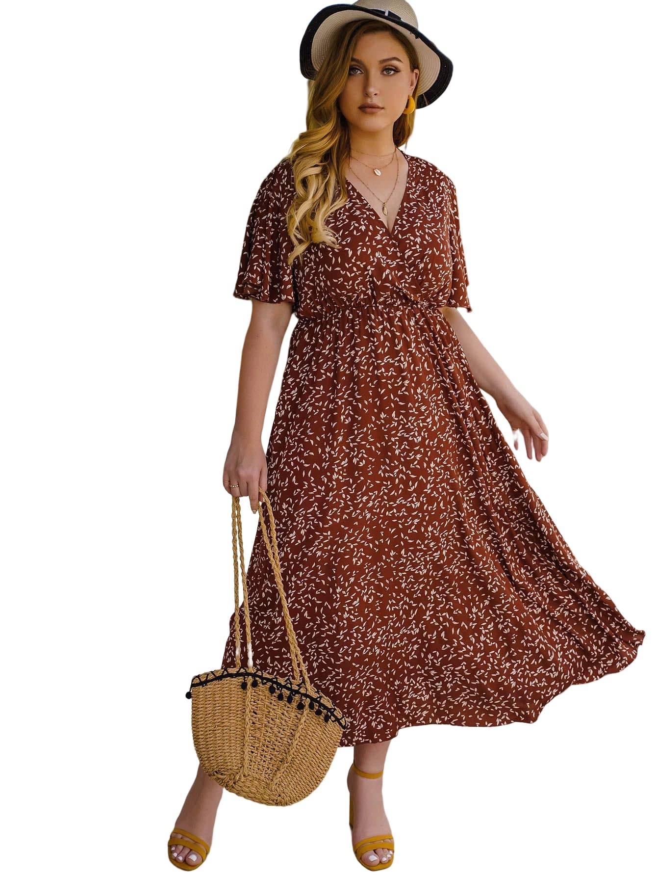 Women's Plus Size Boho Floral V Neck A Line Dress