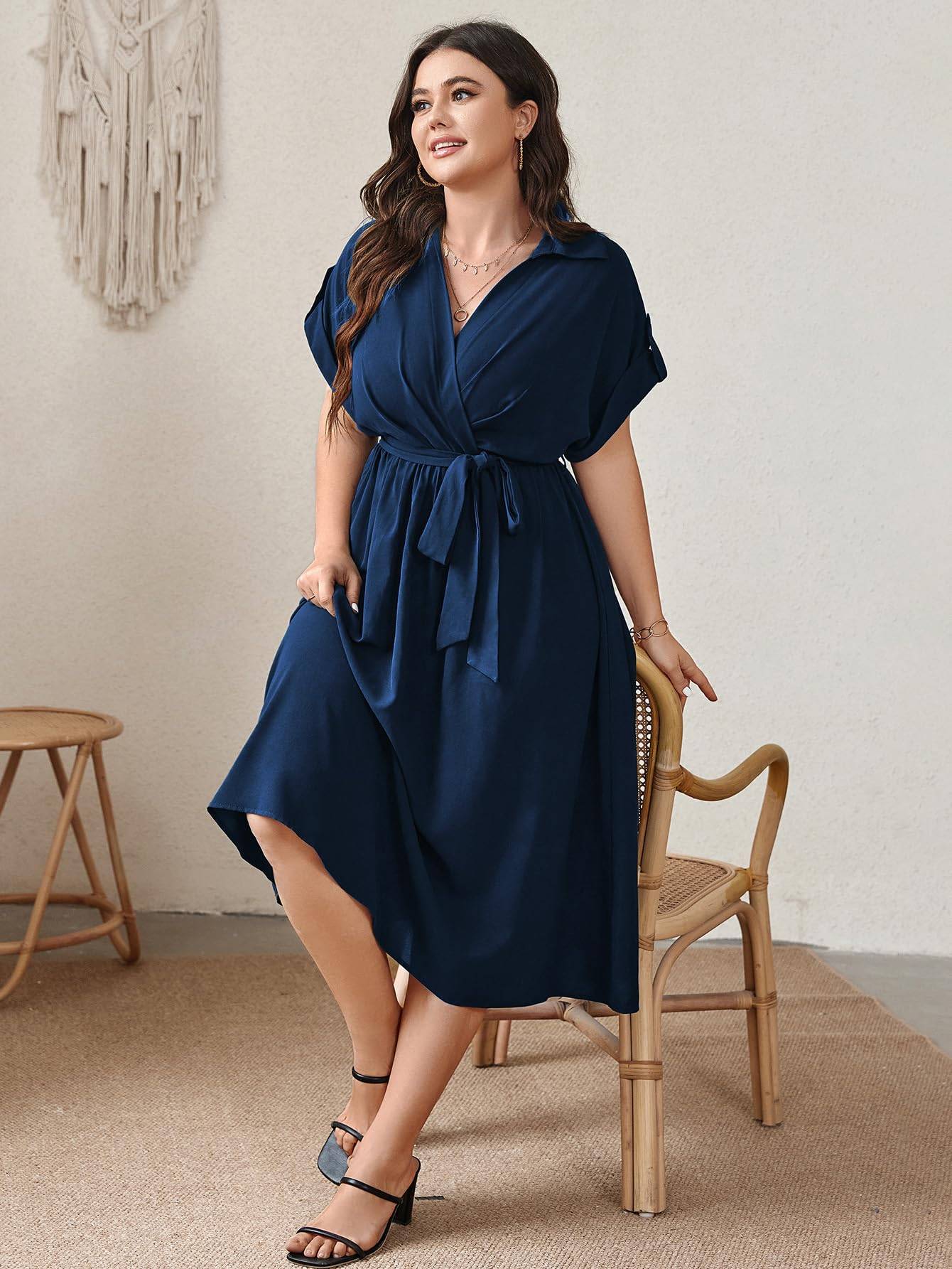 Womens Plus Size Midi Dress A line Wrap Tie Dress