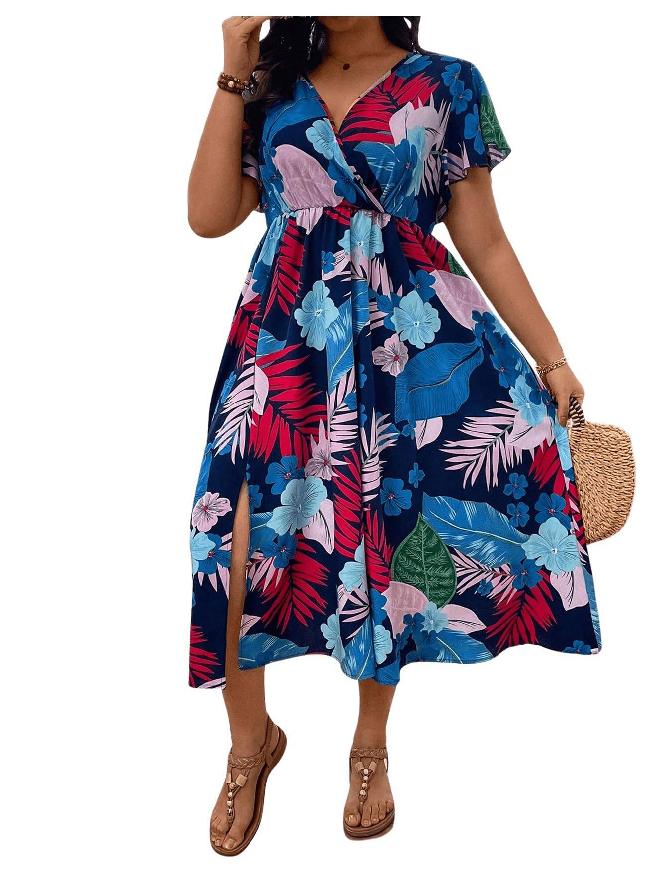 Women's Plus Size Boho Floral V Neck A Line Dress