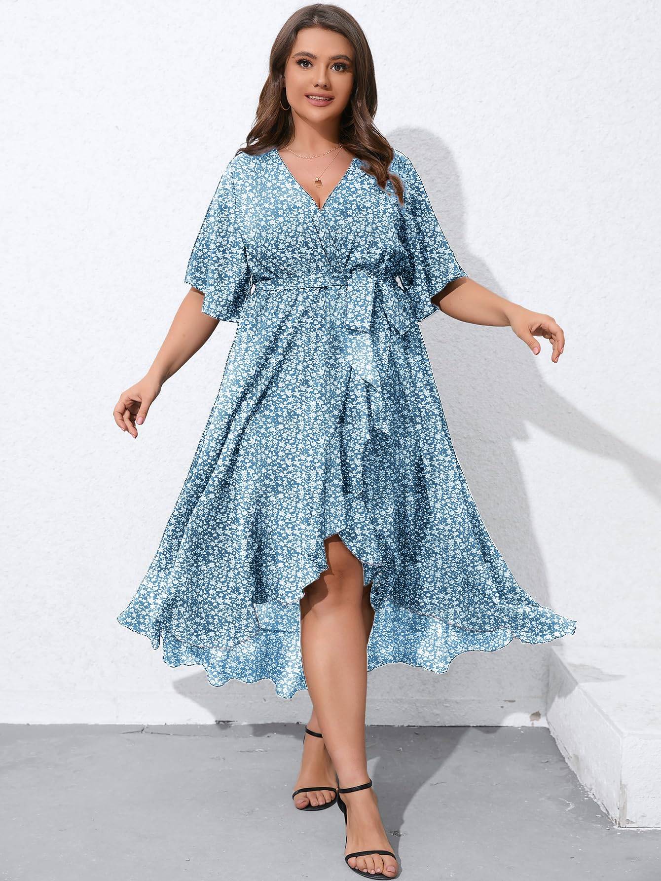 Women Plus Size Short Sleeve Wrap V Neck Dress